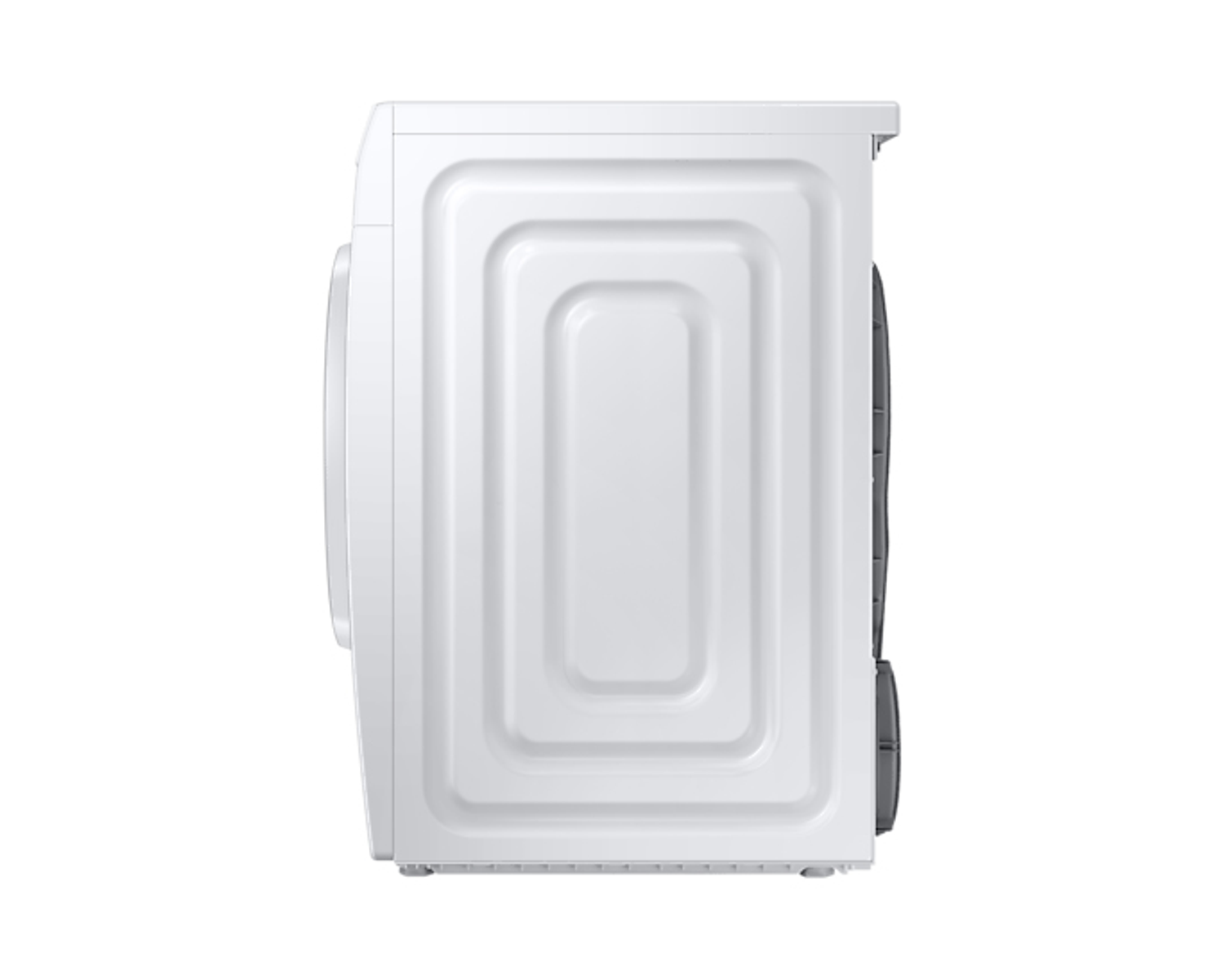 Zijaanzicht van een witte wasmachine. De zijkant heeft een patroonontwerp. Witte achtergrond.