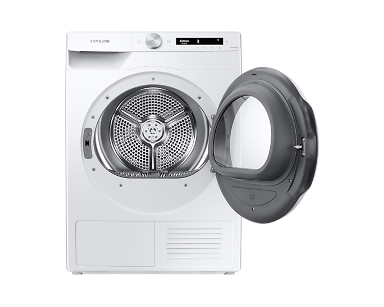 Witte Samsung droger met open deur, trommel zichtbaar. Witte achtergrond.