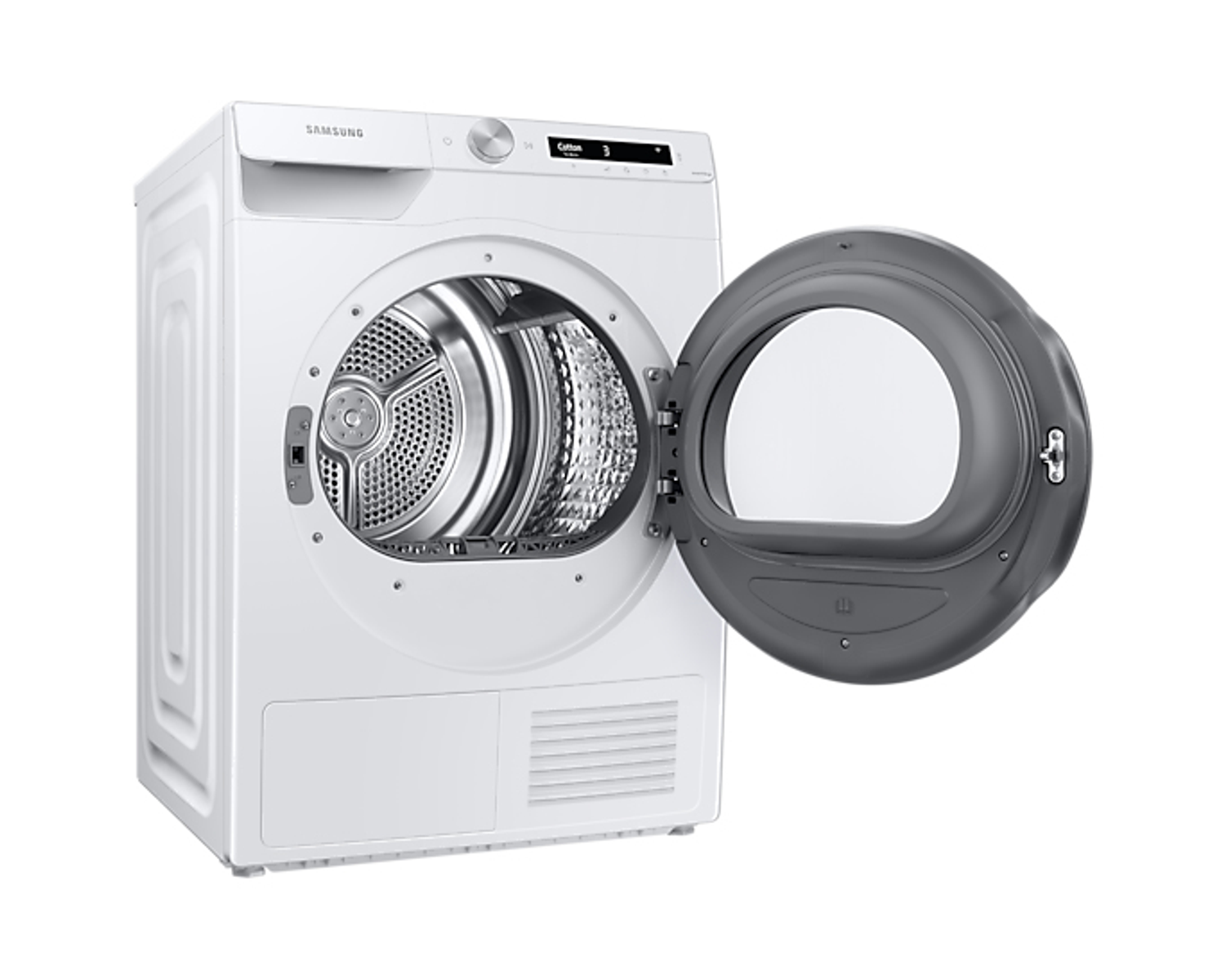 Witte Samsung droger met de deur open, toont de trommel en interne componenten.