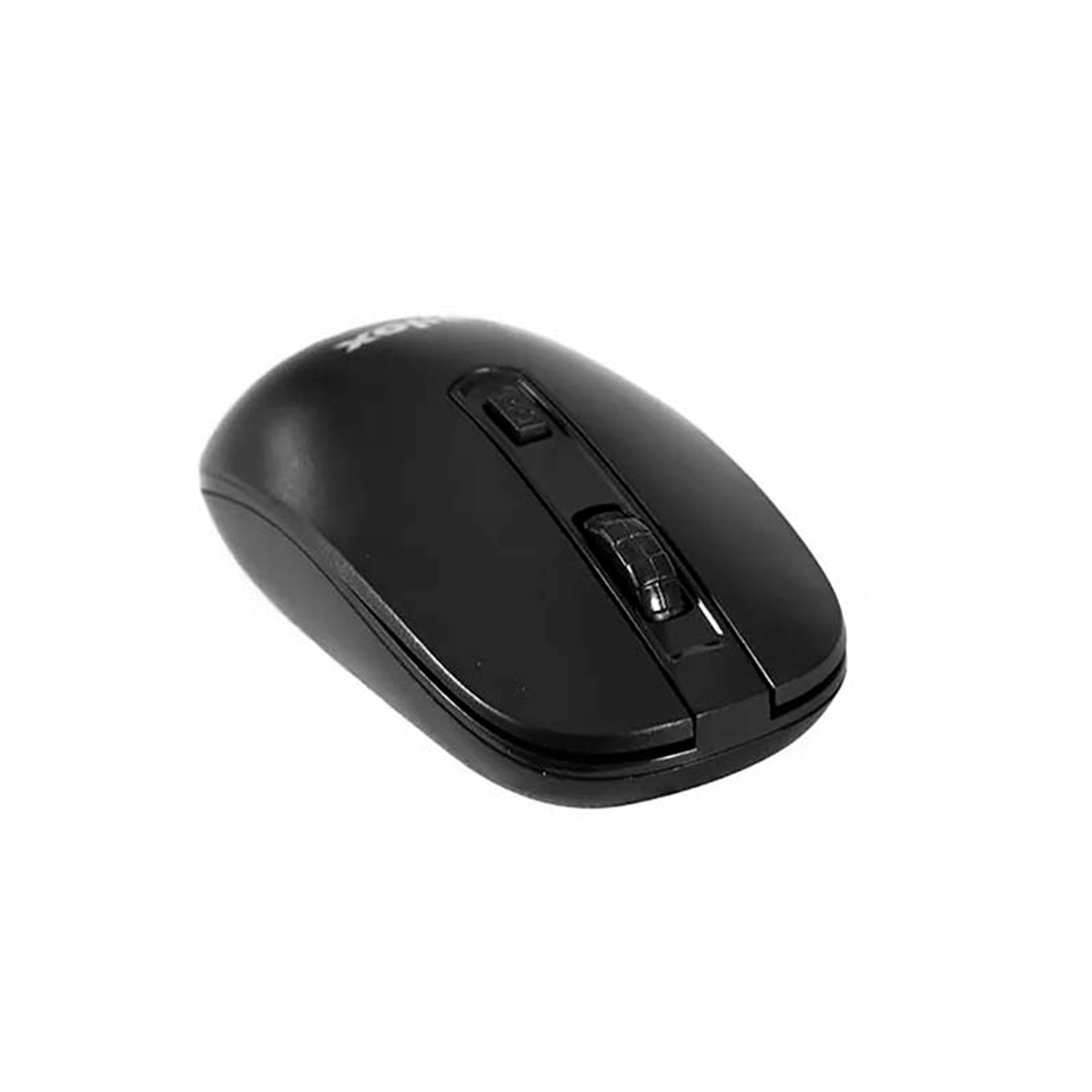 Un mouse per computer nero con una rotella e due pulsanti su sfondo bianco.