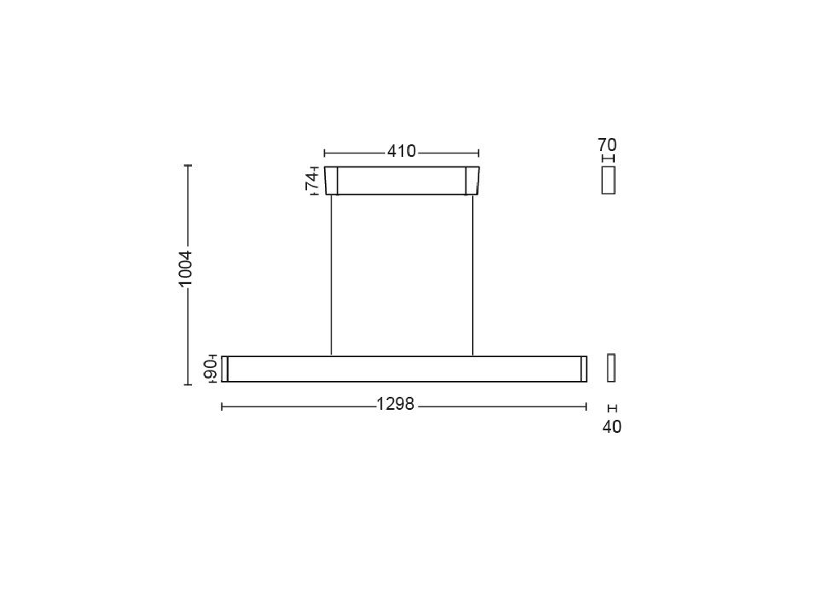 Rysunek techniczny lampy liniowej z wymiarami i pomiarami w milimetrach.