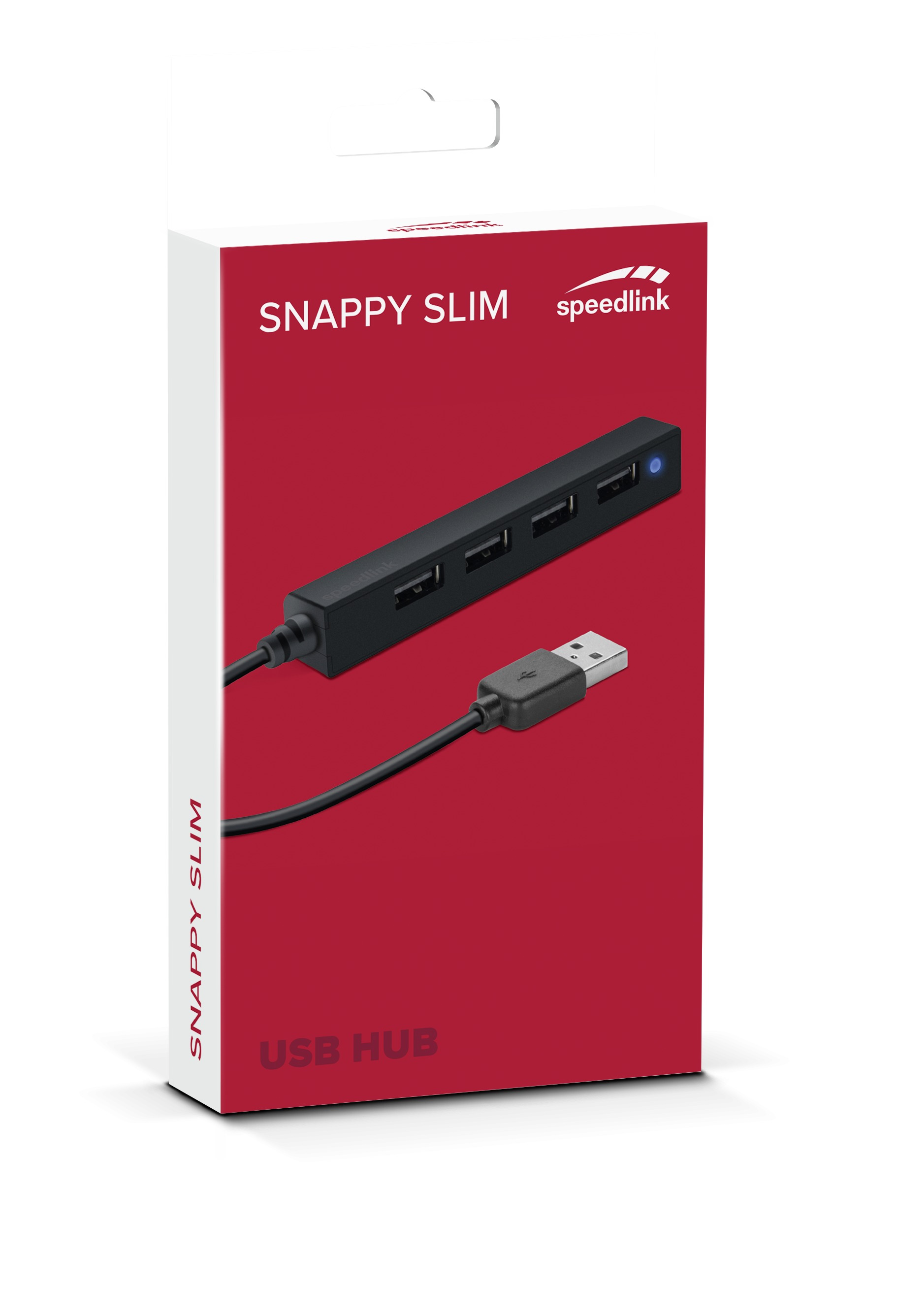 Zwarte USB-hub in een rode doos. Heeft vier USB-poorten.