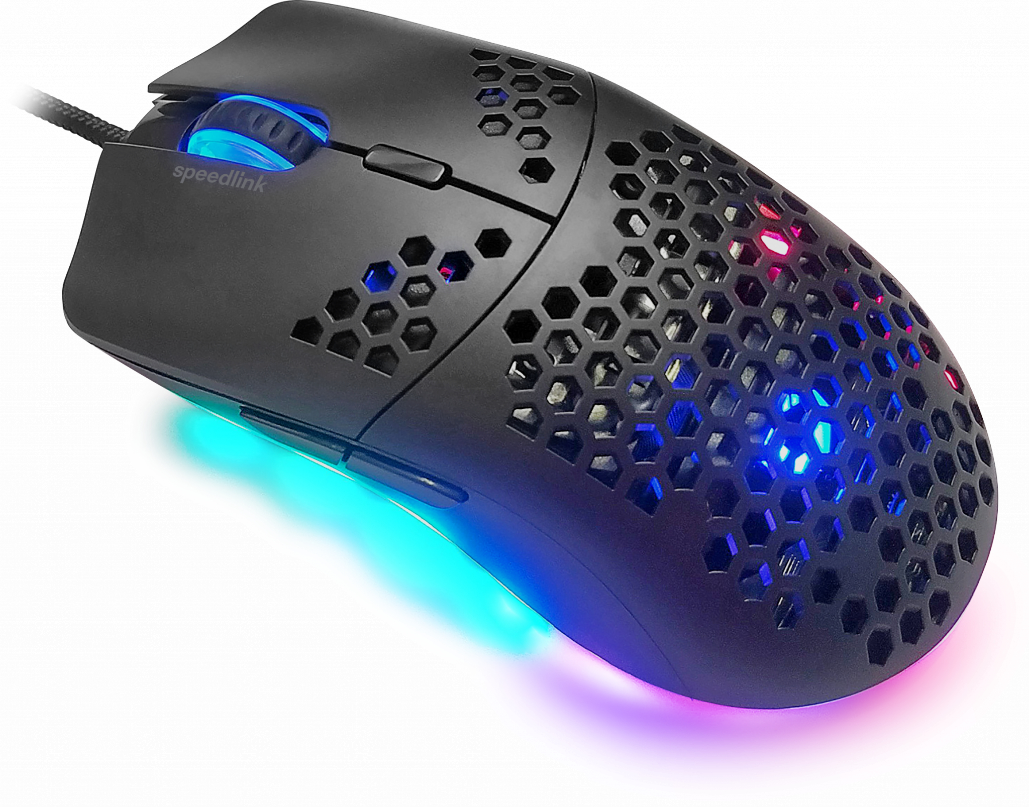 Schwarze Gaming-Maus mit Wabenmuster und RGB-Beleuchtung. Der Hintergrund ist weiß.
