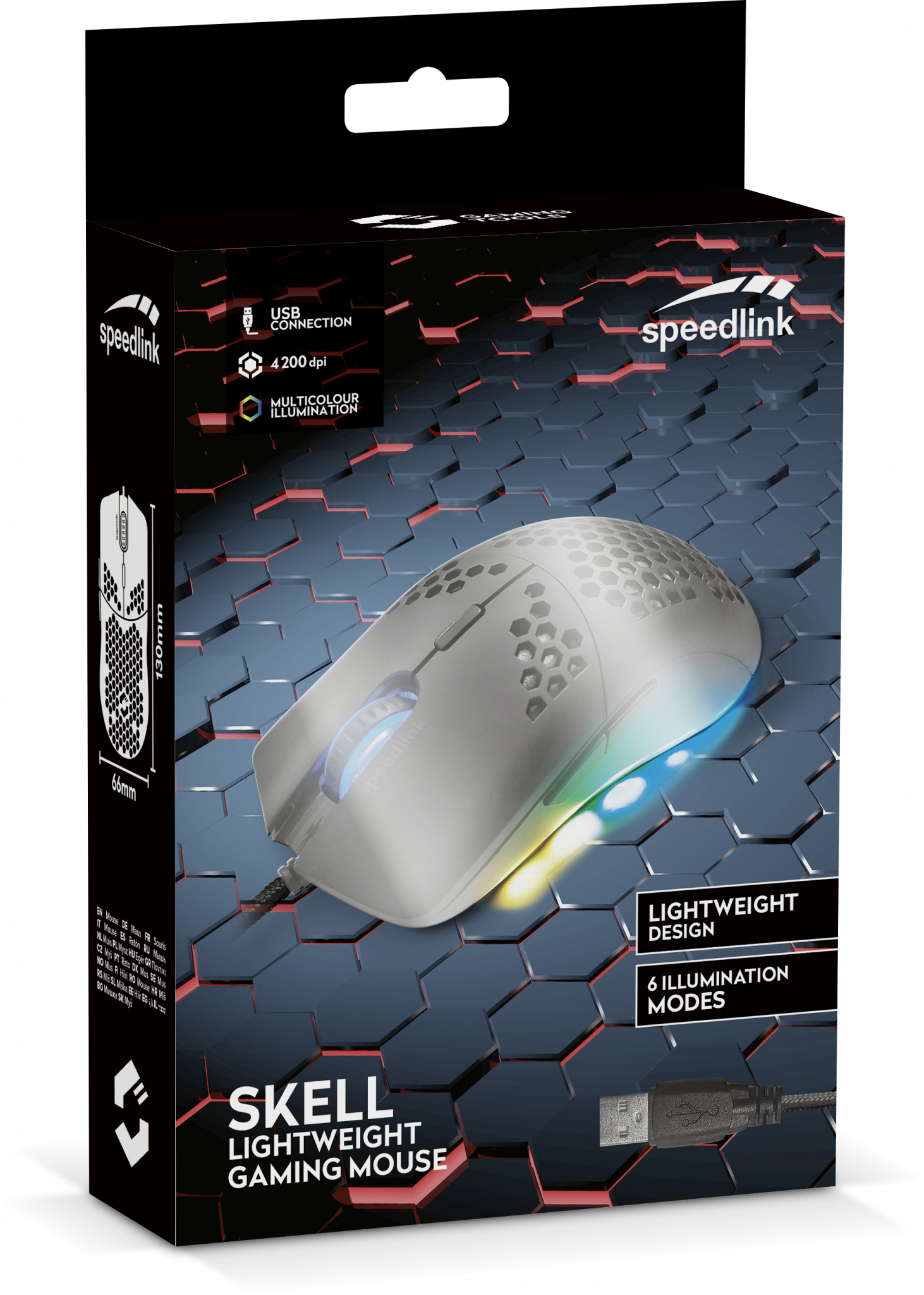 Gaming-Maus in Verpackung. Sie ist weiß, hat ein Wabenmuster und mehrfarbige Beleuchtung.