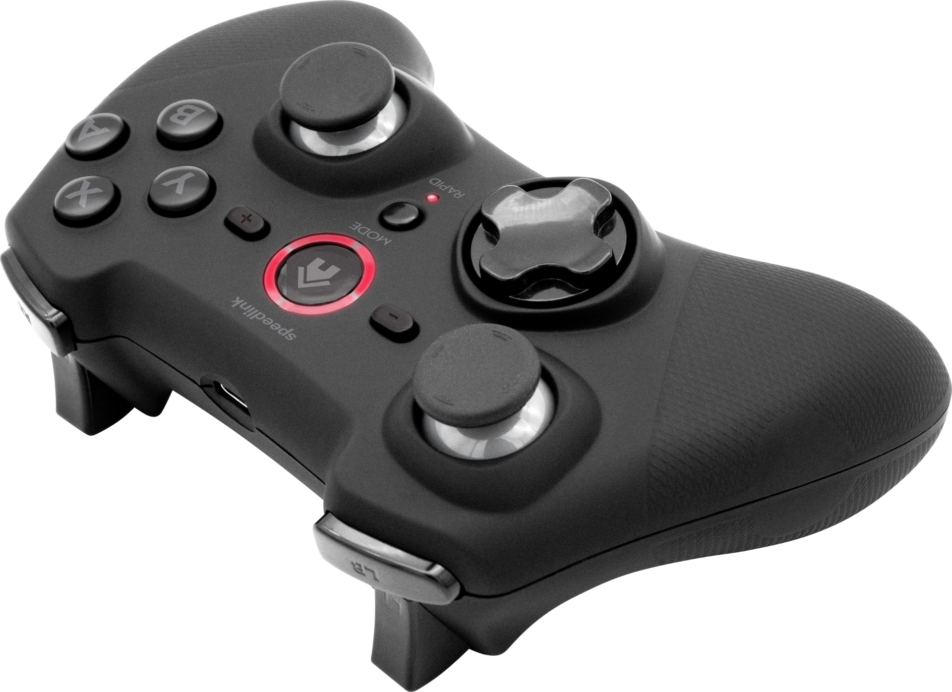 Controller gamepad nero con pulsanti, joystick e pulsante modalità.