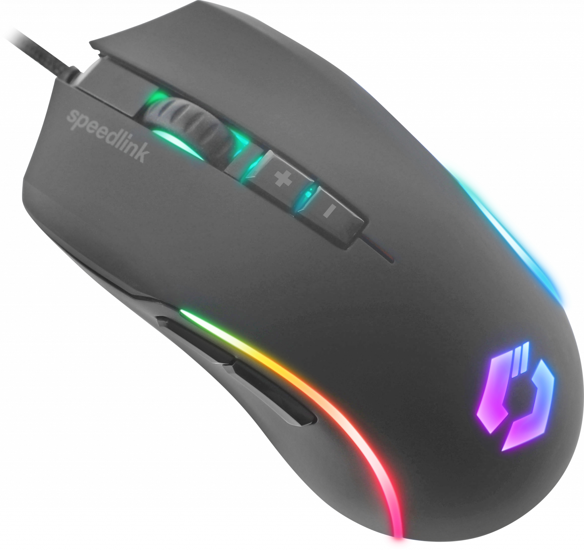 Schwarze Gaming-Maus mit RGB-Beleuchtung und Speedlink-Logo. Tasten und Scrollrad sind sichtbar.