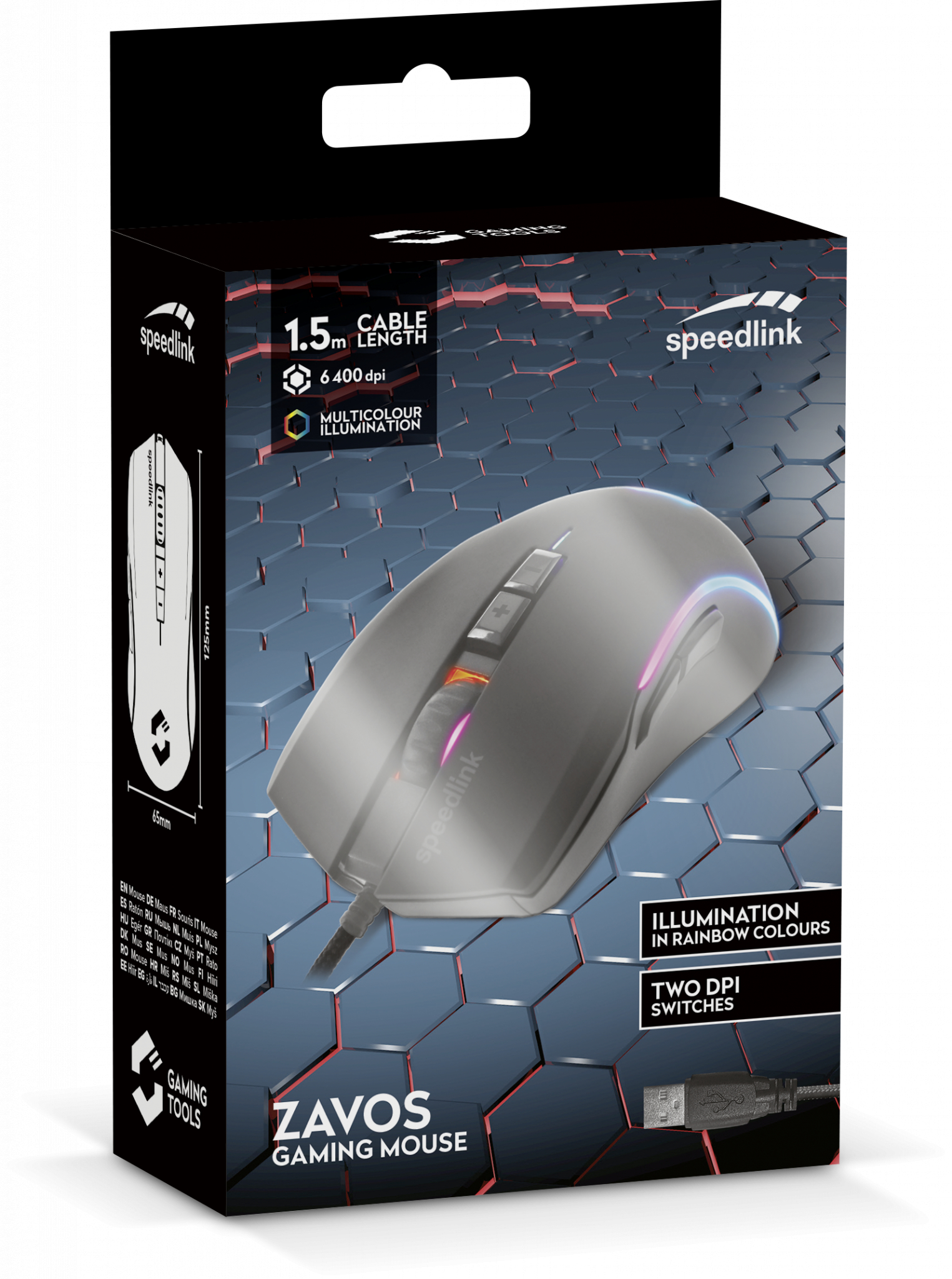Eine Gaming-Maus in einer Box. Die Maus ist grau mit bunten Lichtern und hat ein USB-Kabel.