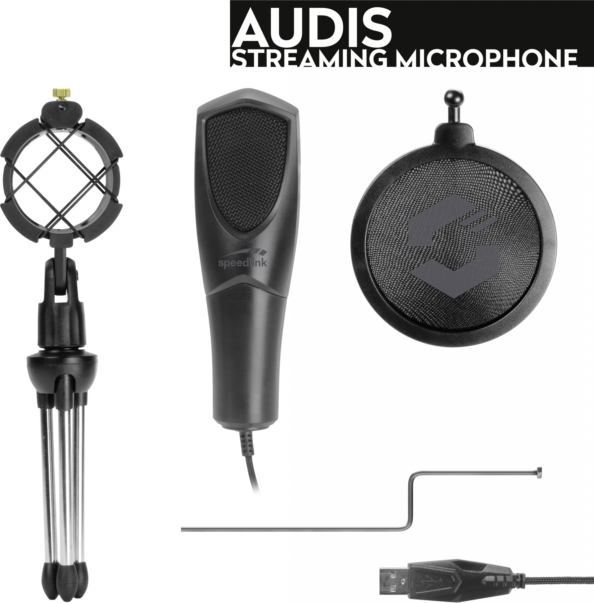 Streaming microfoon met standaard, popfilter en accessoires. Zwarte kleur.