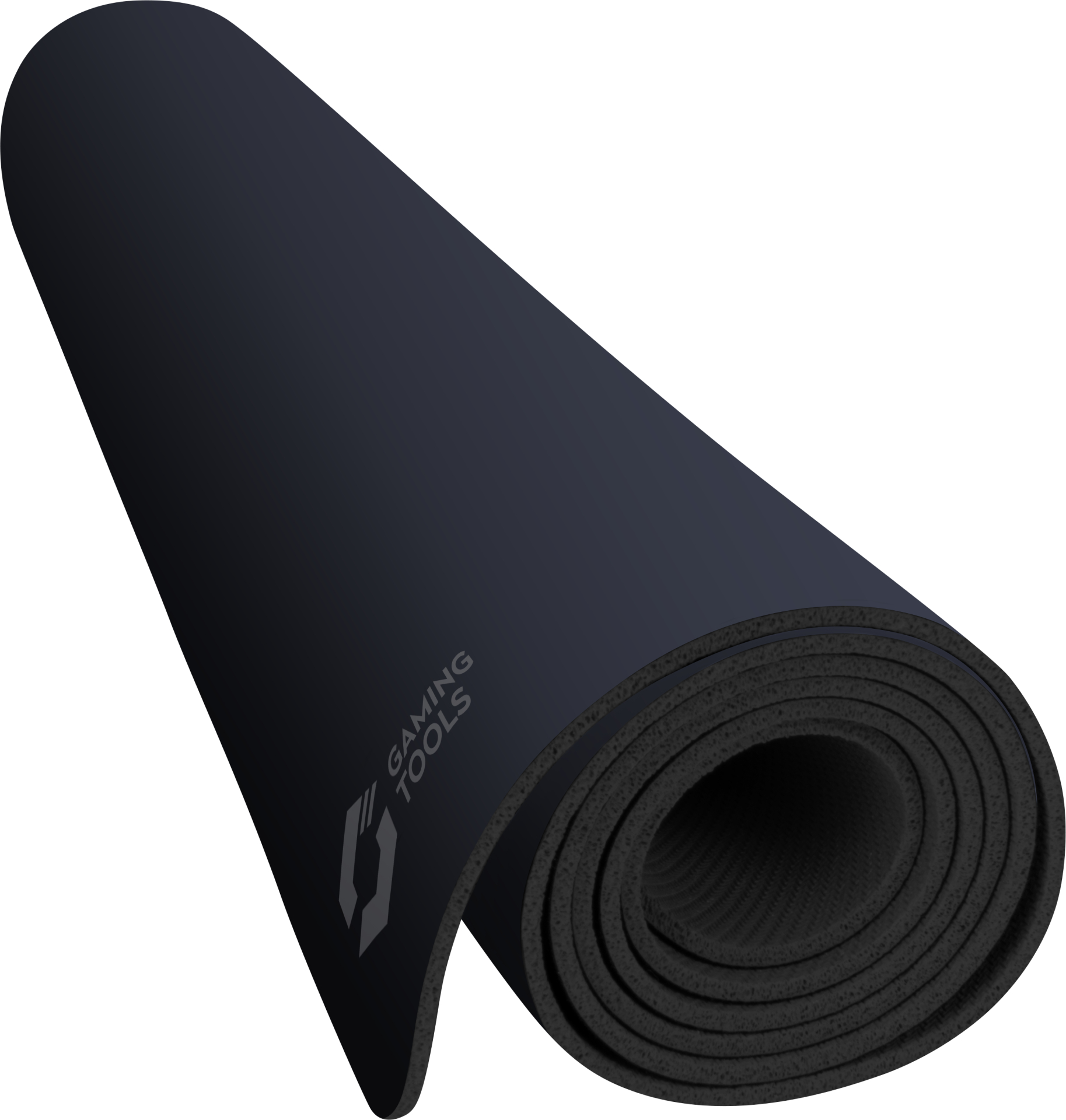 Zwinięta czarna mata do gier z szarym logo, na białym tle.