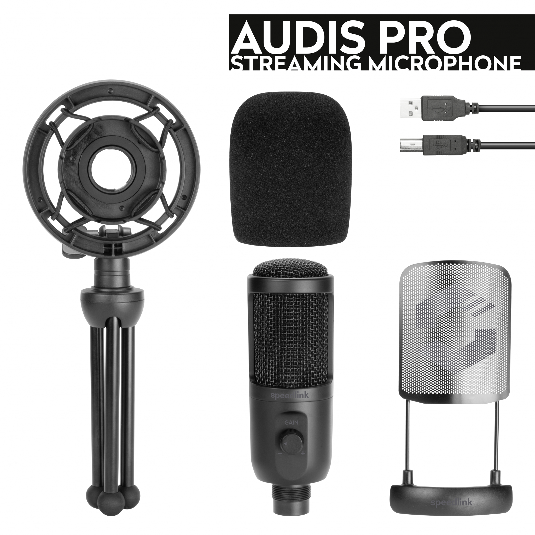 Set aus schwarzem Mikrofon, Pop-Filter und Ständer. Die Worte 'AUDIS PRO' sind sichtbar.