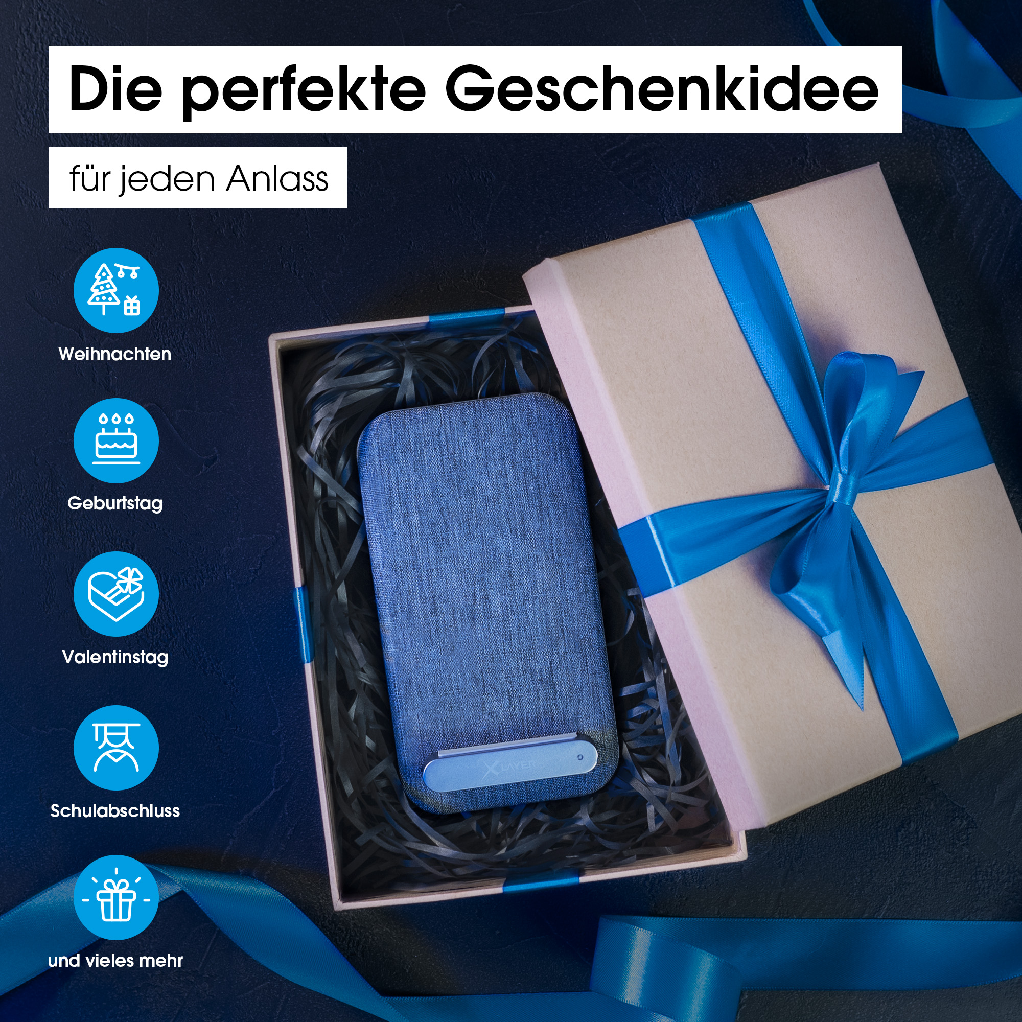 Geschenkbox mit blauer Schleife, enthält blaues Gerät auf schwarzem Stroh. Text: Das perfekte Geschenk.