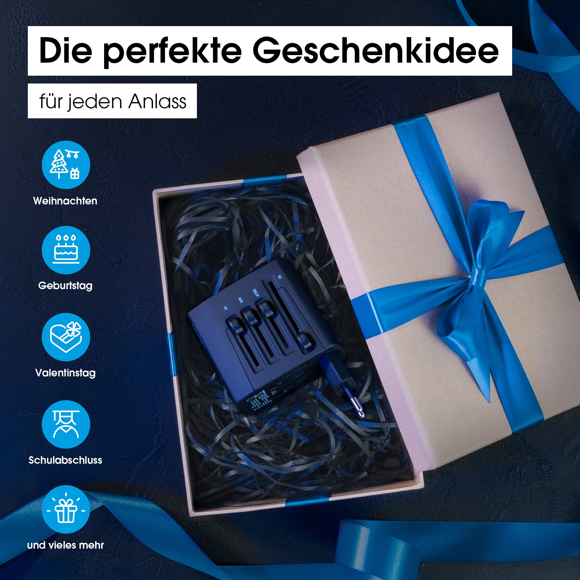 Geschenkbox mit blauer Schleife, mit einem schwarzen Gerät und verschiedenen Geschenk-Icons.