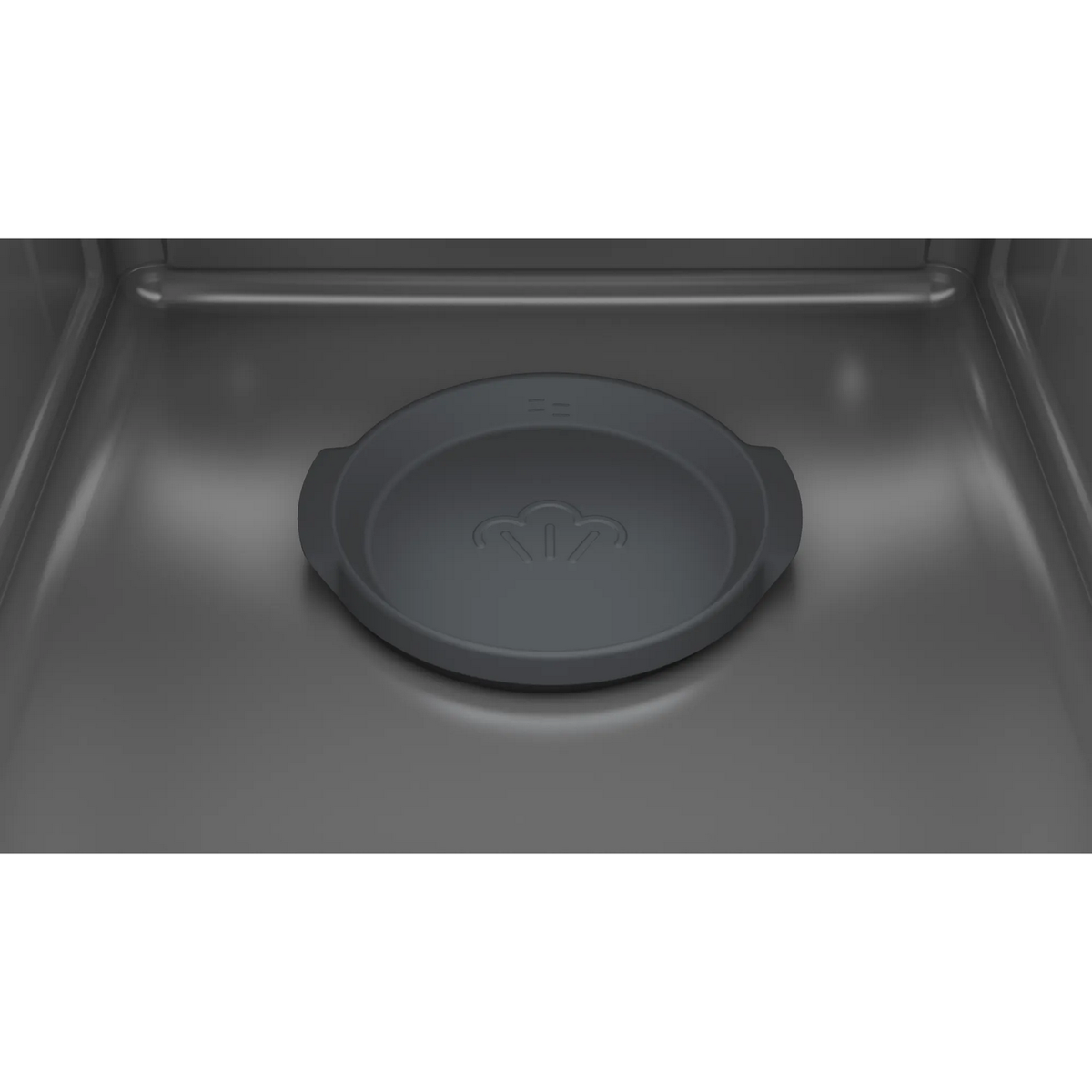 Interior de lavavajillas con un plato gris, diseño de vapor y un interior gris.