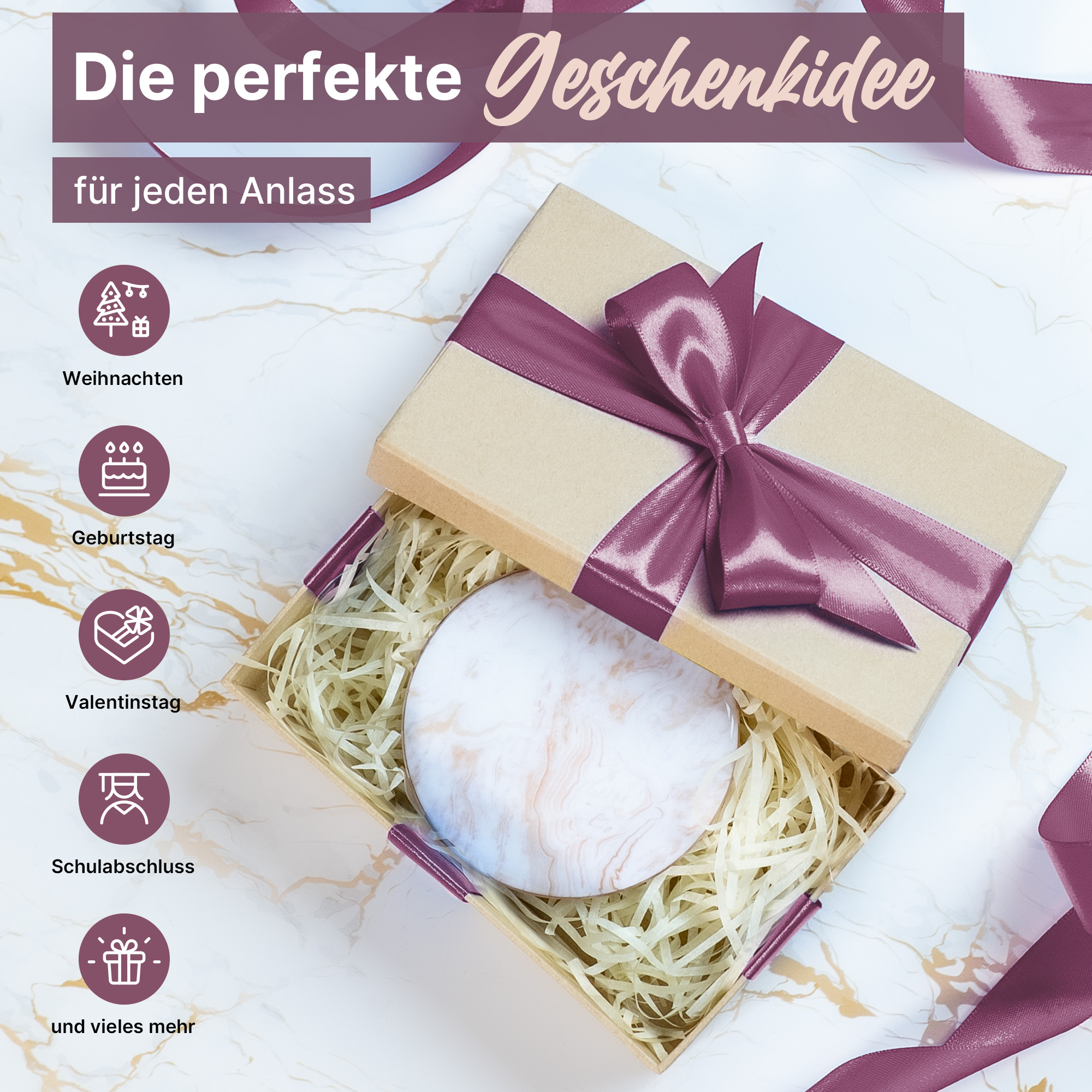 Geschenkbox mit Schleife, rundem Gegenstand und Text für verschiedene Anlässe.