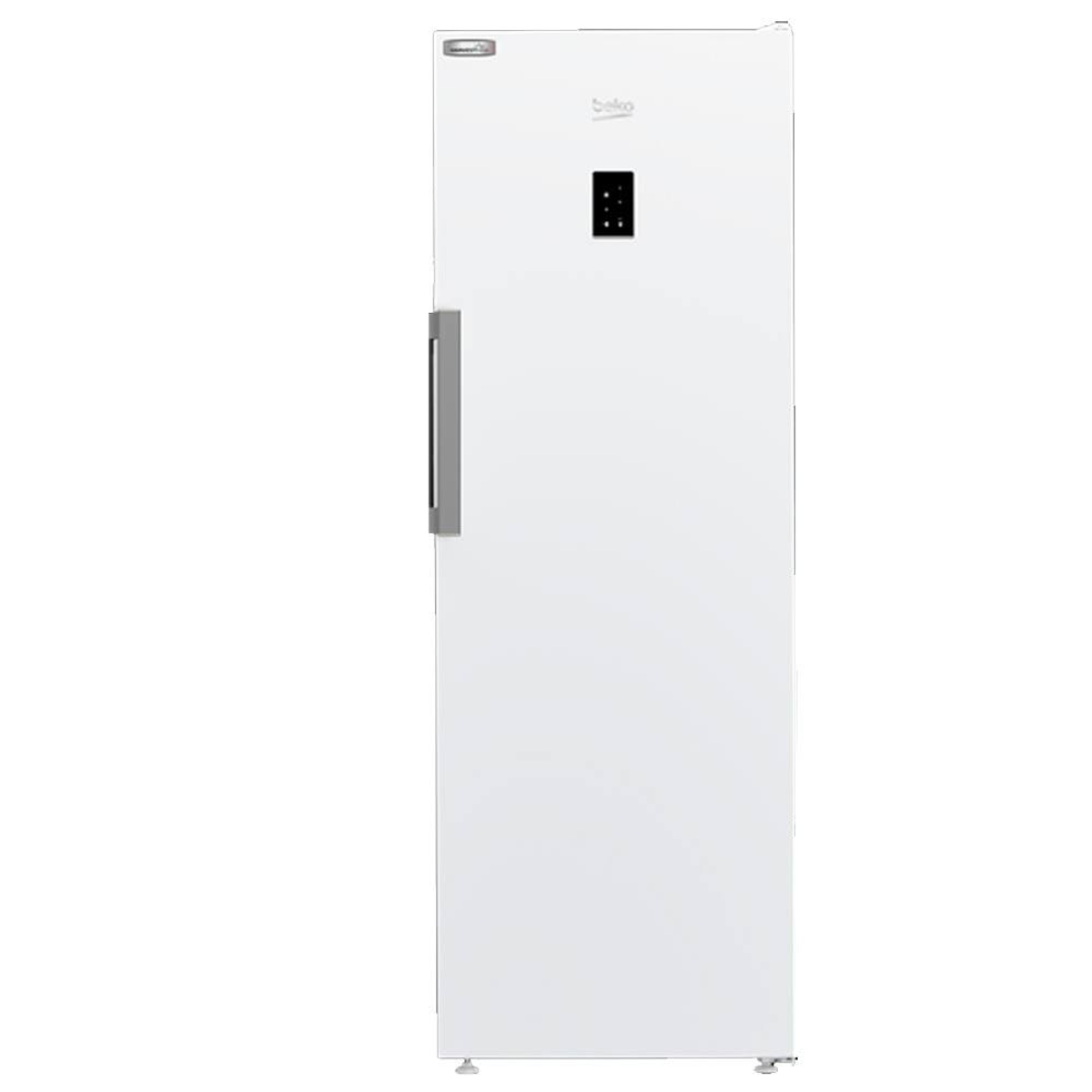 Congelador blanco con una puerta y pantalla digital, sobre un fondo blanco.