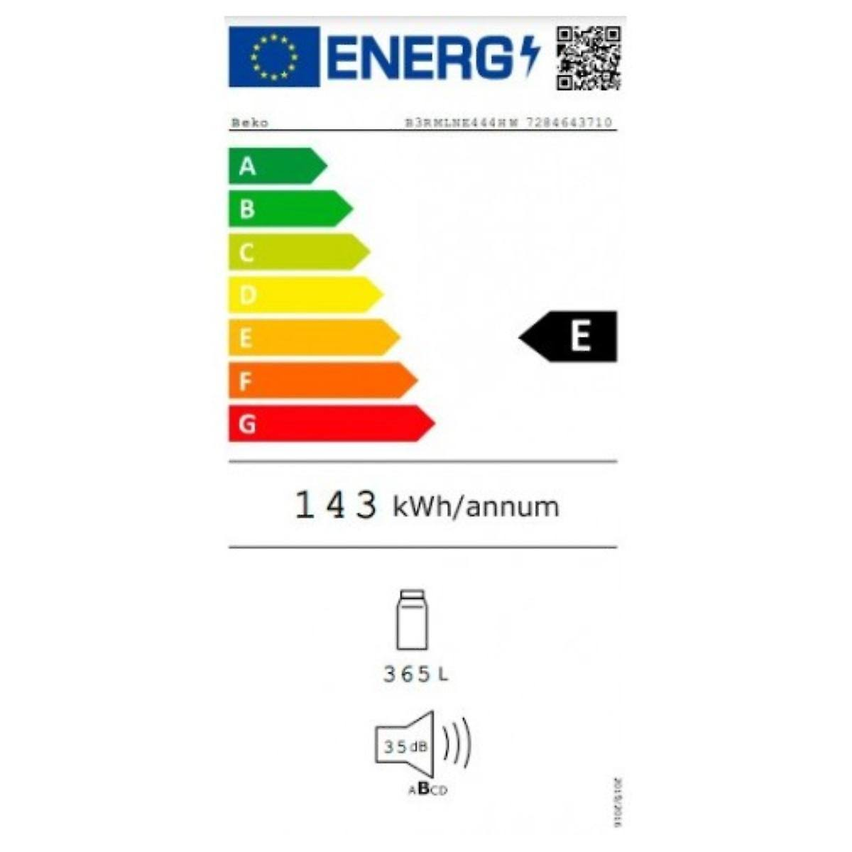 Etiqueta de eficiencia energética con una barra verde en la parte superior y una E grande en el centro.