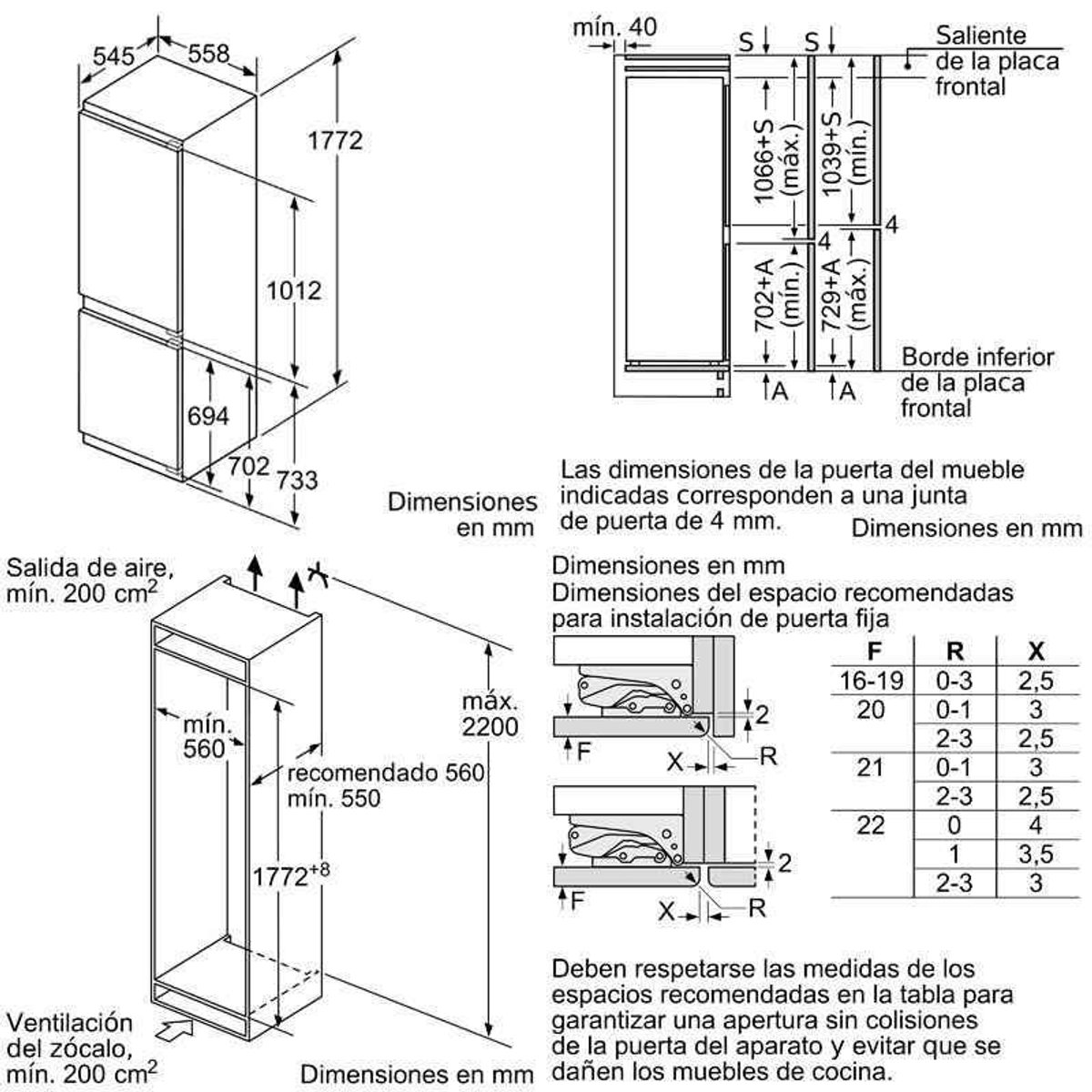 Schema delle dimensioni di un frigorifero, inclusa altezza, larghezza e profondità in millimetri.