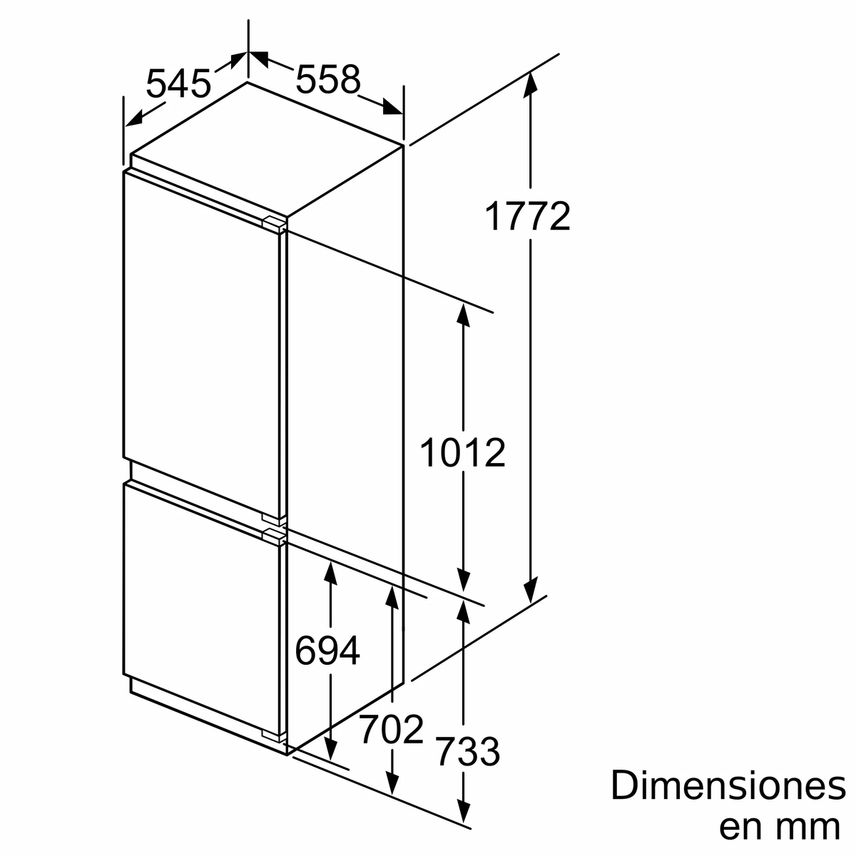 Un frigorifero bianco con dimensioni mostrate nell'immagine.
