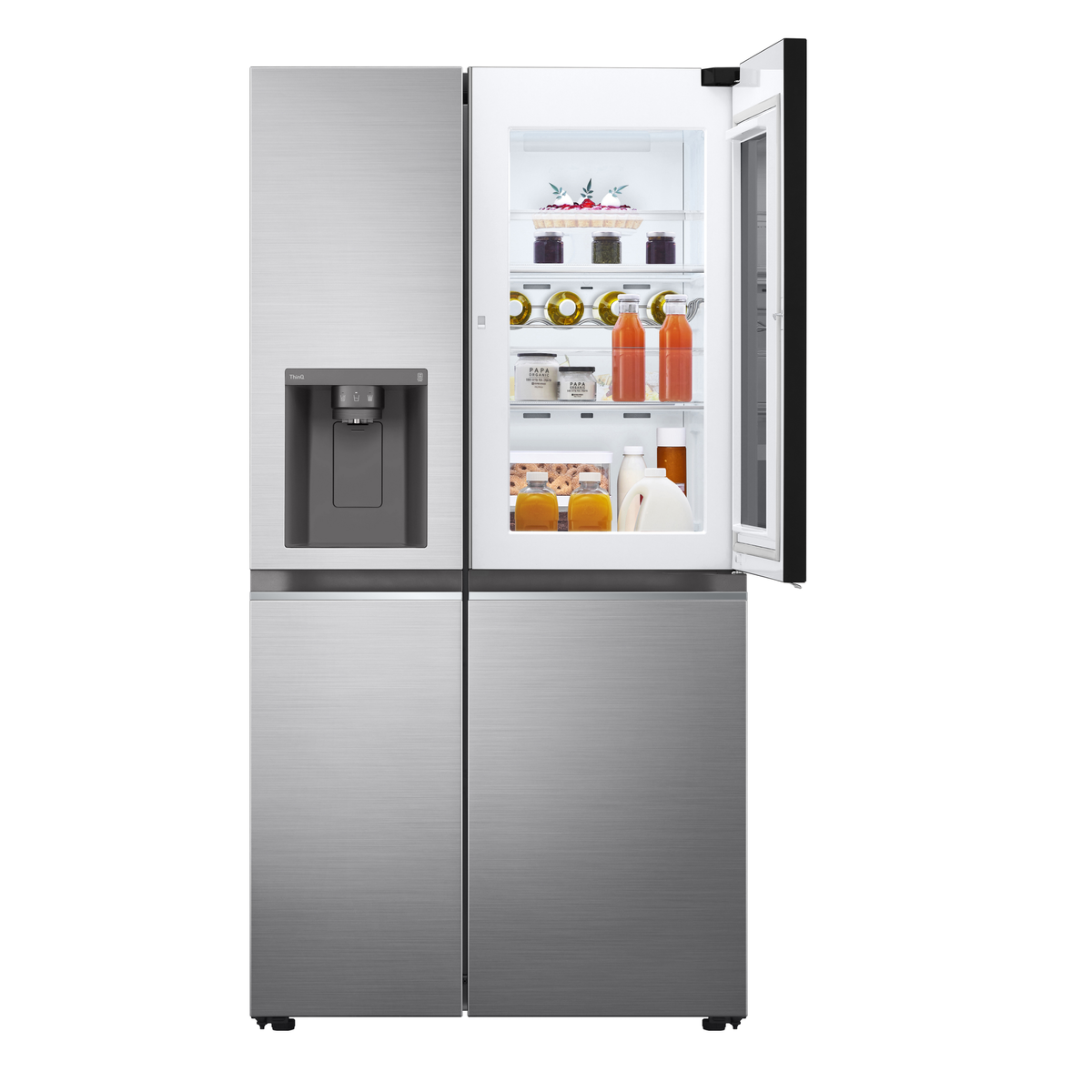 Frigorifero LG in acciaio inox con porta destra aperta che mostra ripiani di cibo.