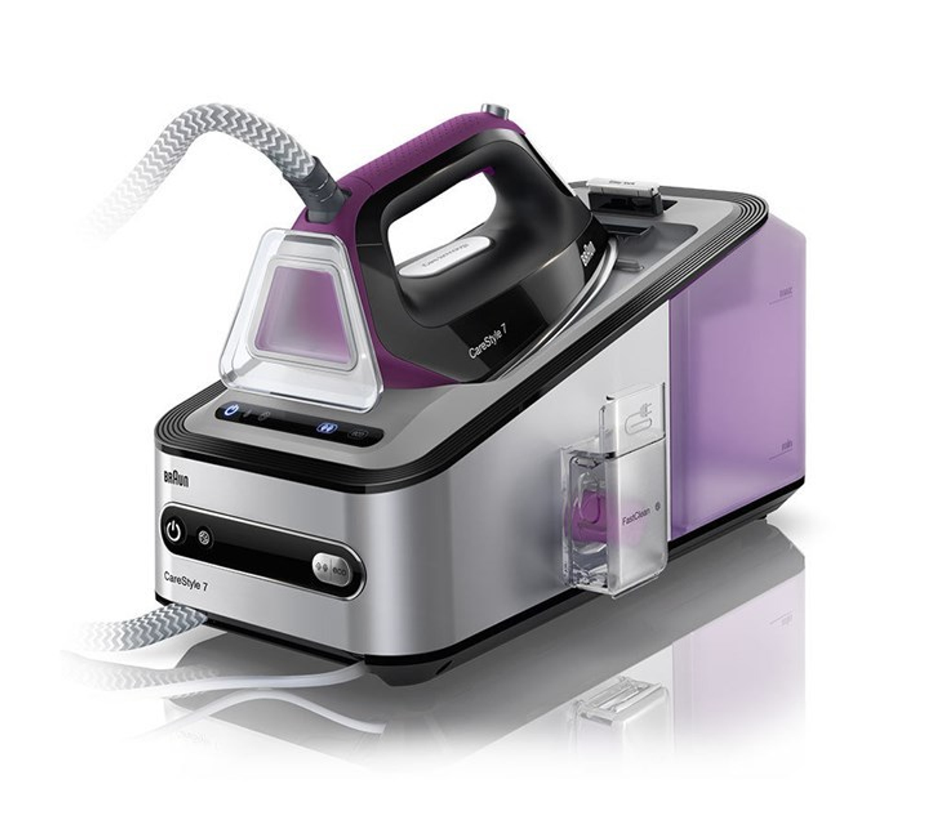 Plancha Braun CareStyle 7 con base morada y plateada. Tiene un depósito de agua lateral.
