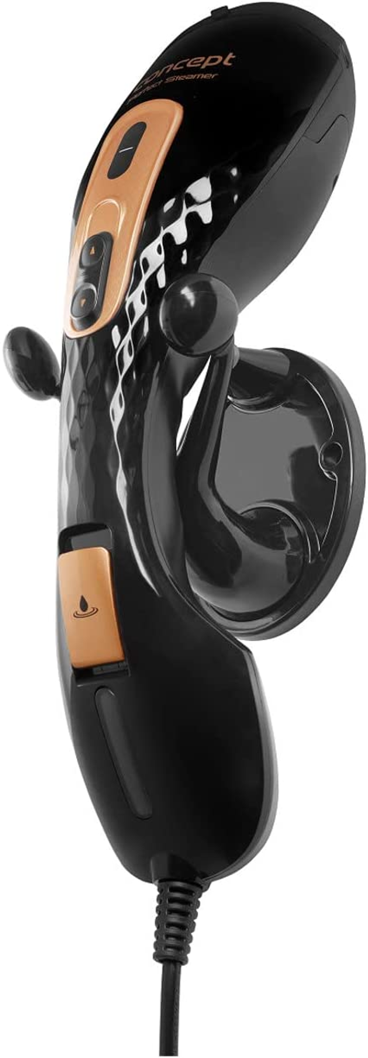 Vaporizzatore per indumenti nero e oro. Vista angolata, con manico e pulsanti.