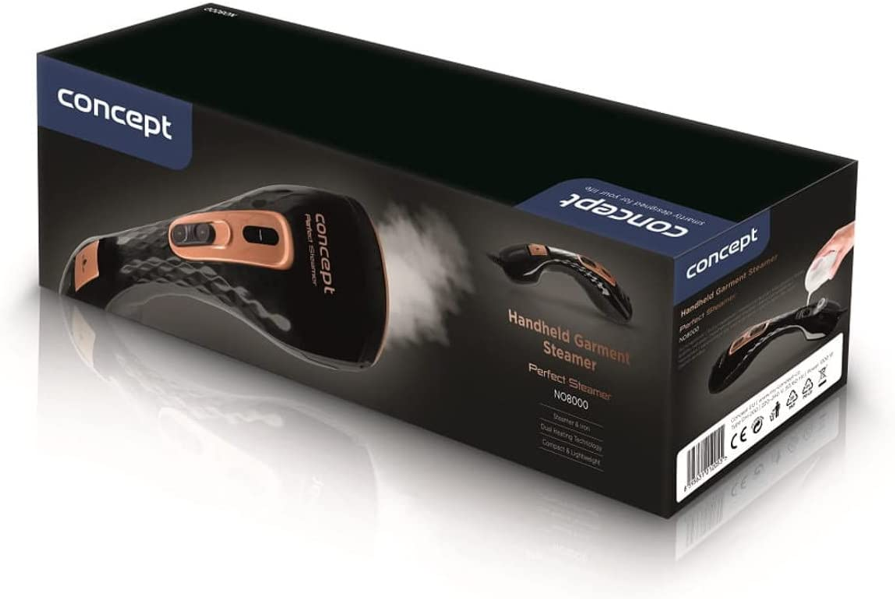 Vaporizzatore per indumenti portatile nero e oro in una scatola nera.