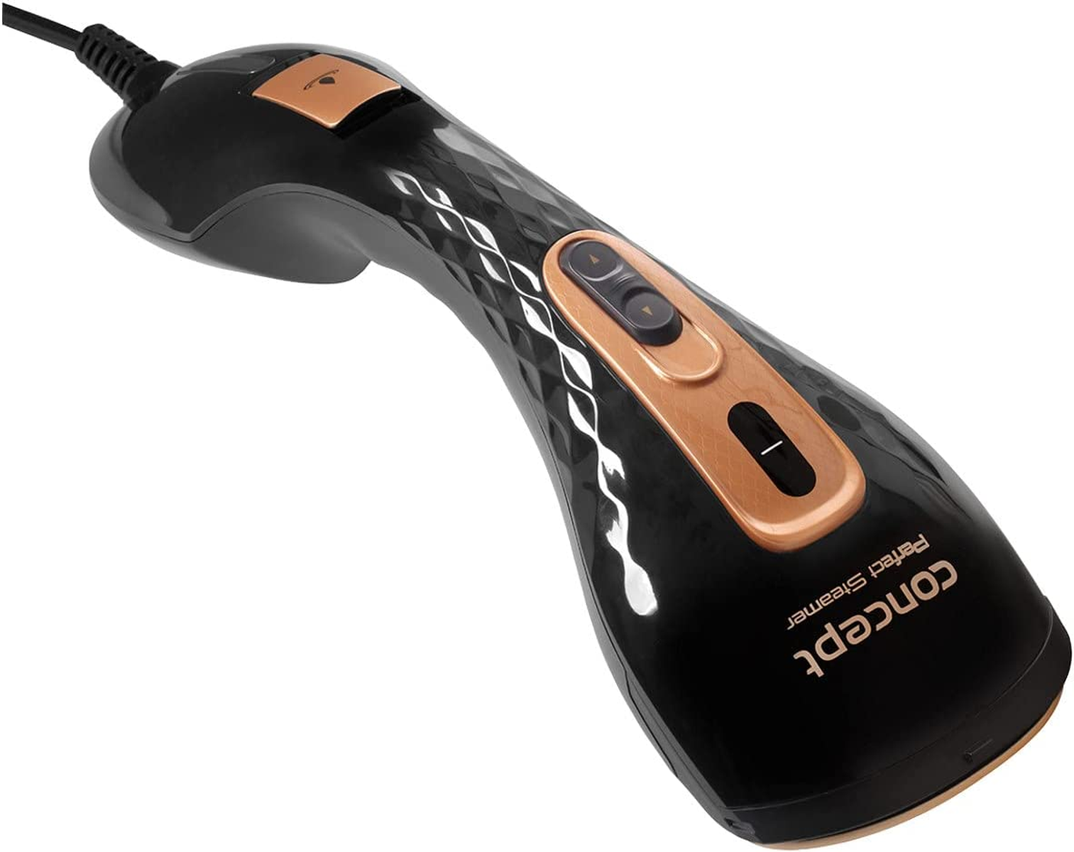 Vaporizzatore manuale nero e oro. Ha un'impugnatura curva e pulsanti. Il cavo è nero.