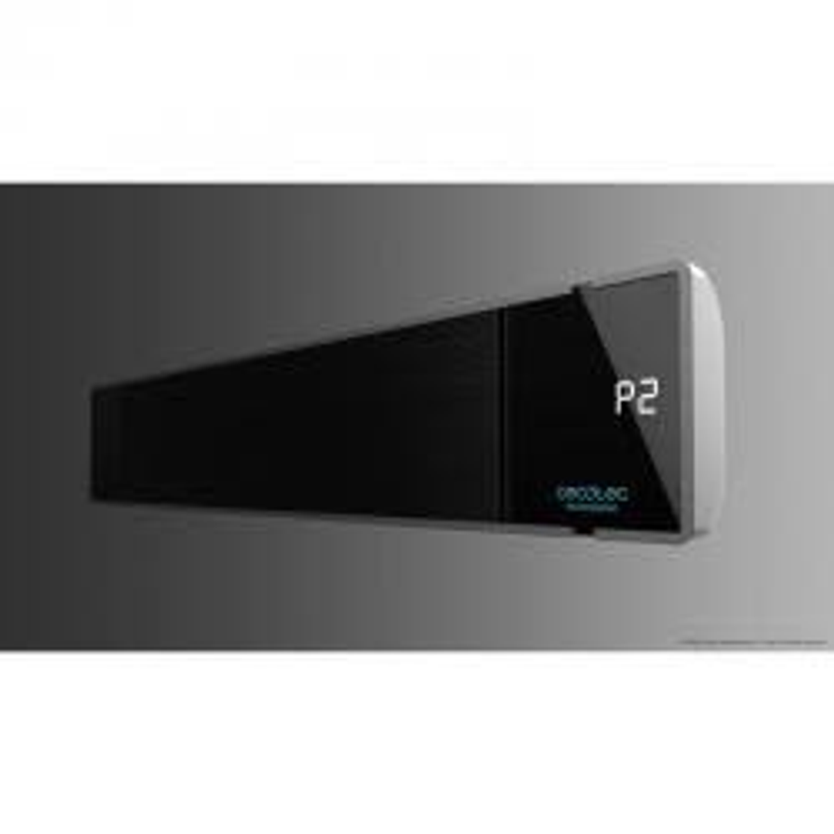 Czarny soundbar z wyświetlaczem pokazującym 'P2' i nazwę marki.