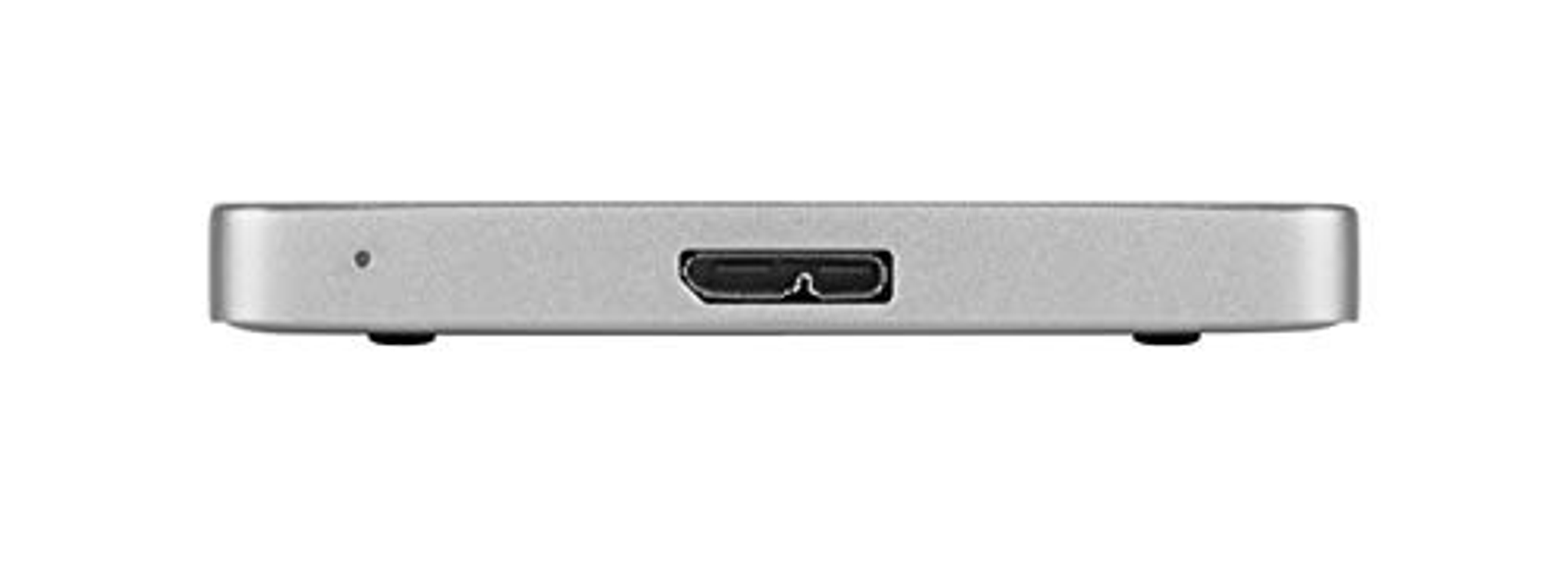 Srebrne urządzenie z portem USB-C na białym tle.