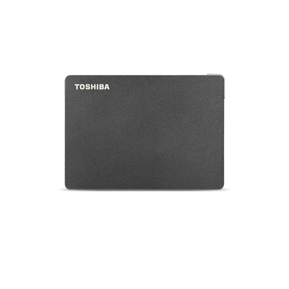Disco rigido esterno Toshiba grigio scuro, forma rettangolare, con logo Toshiba.