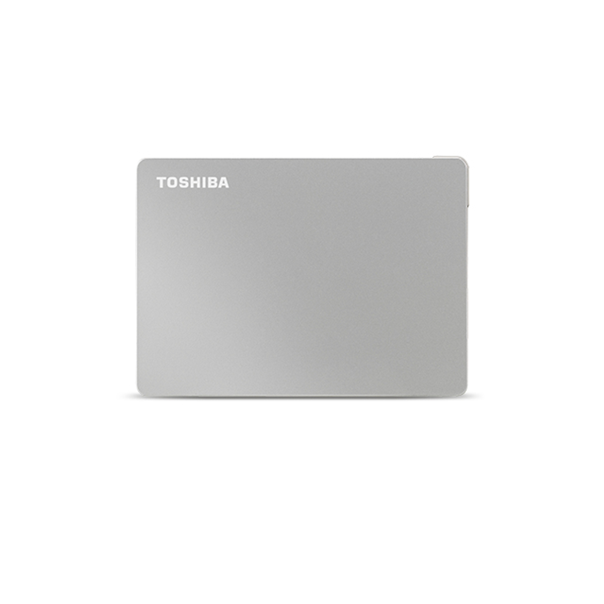 Szary zewnętrzny dysk twardy Toshiba. Nazwa marki jest wydrukowana na górze.