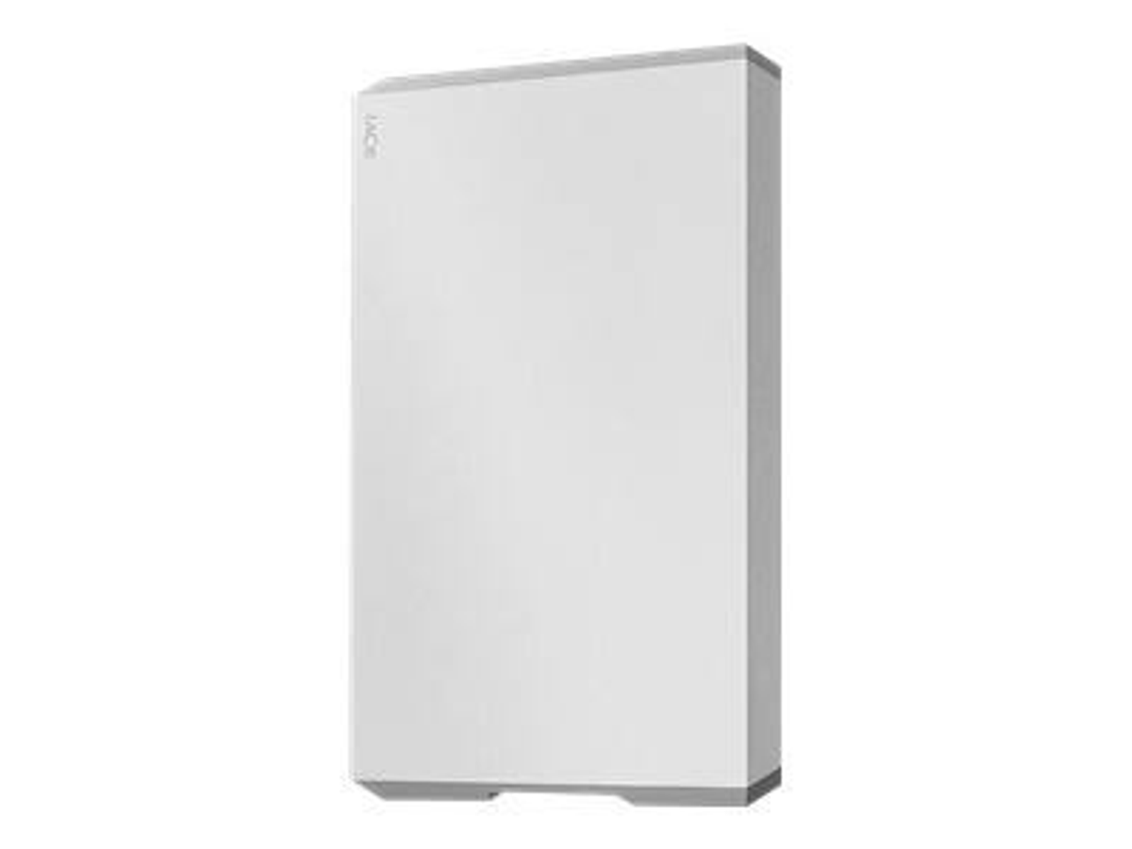 Biały, prostokątny zewnętrzny dysk twardy ze srebrną obwódką. Tło jest białe.