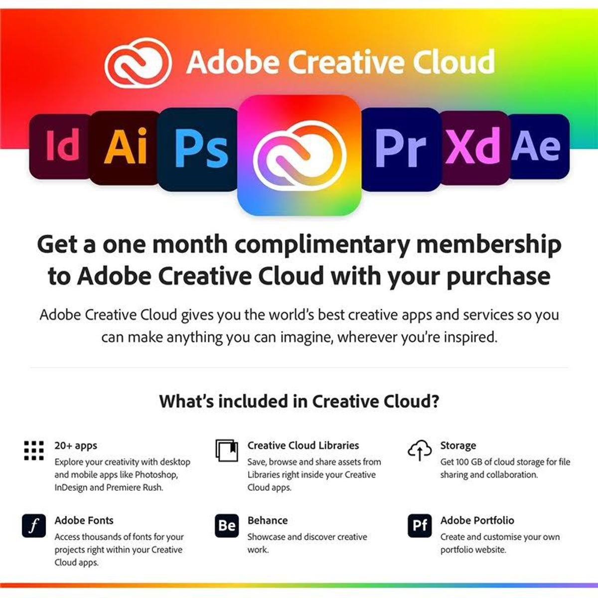 Reklama Adobe Creative Cloud z logo aplikacji i tekstem opisującym funkcje.