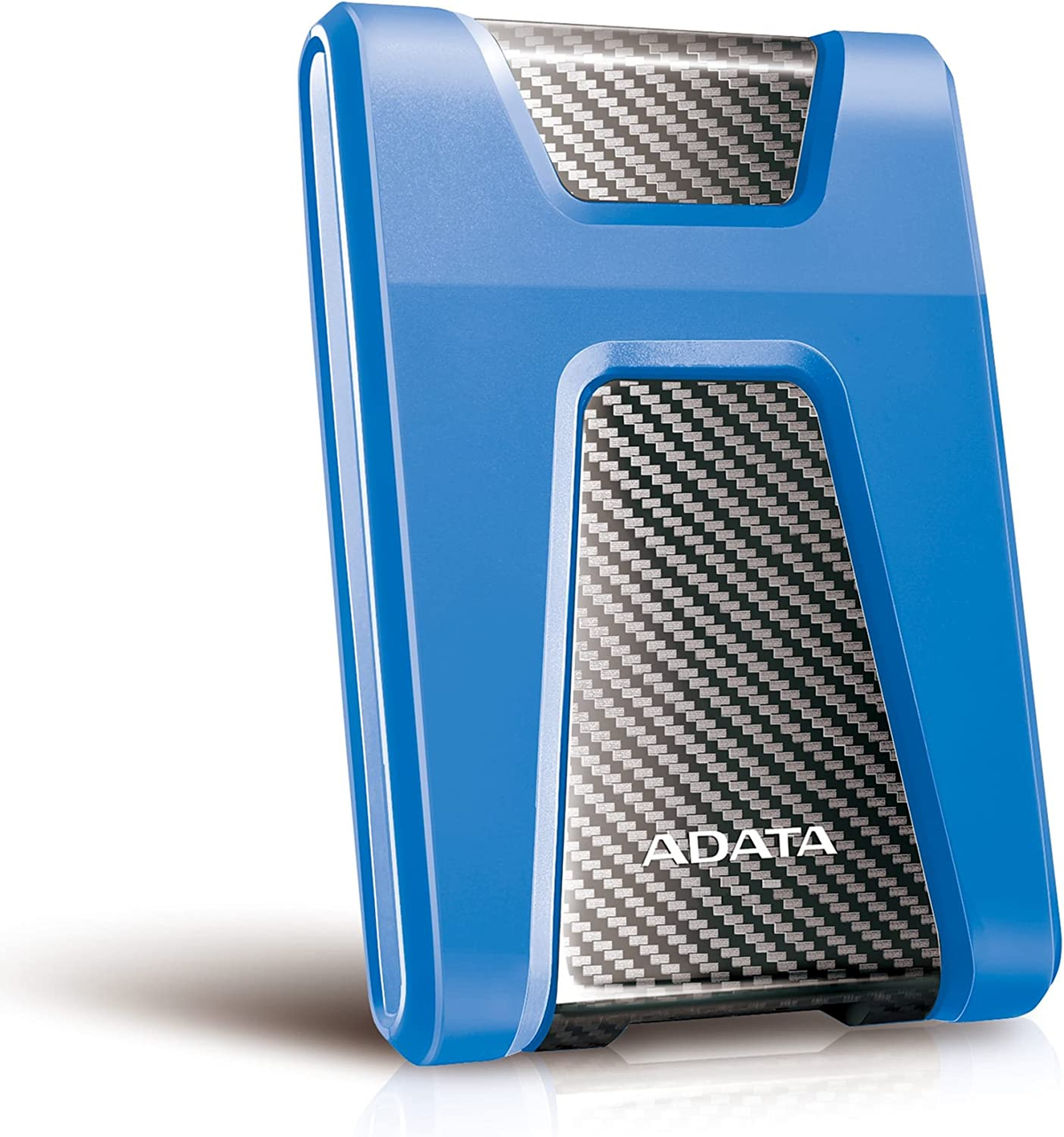 Niebieski i srebrny zewnętrzny dysk twardy z logo ADATA, widok z przekątnej.