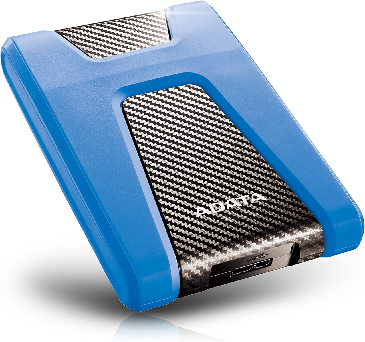 Niebieski zewnętrzny dysk twardy z czarną fakturą włókna węglowego. Posiada port USB.