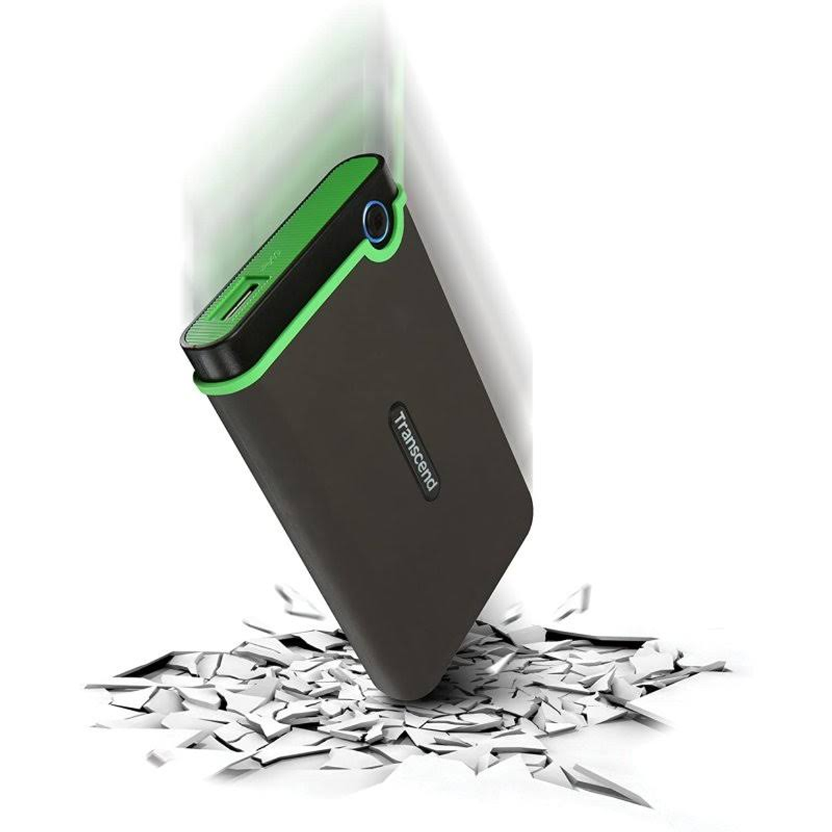 Czarny i zielony dysk twardy upada i rozbija ziemię poniżej. Widoczne jest słowo „Transcend”.