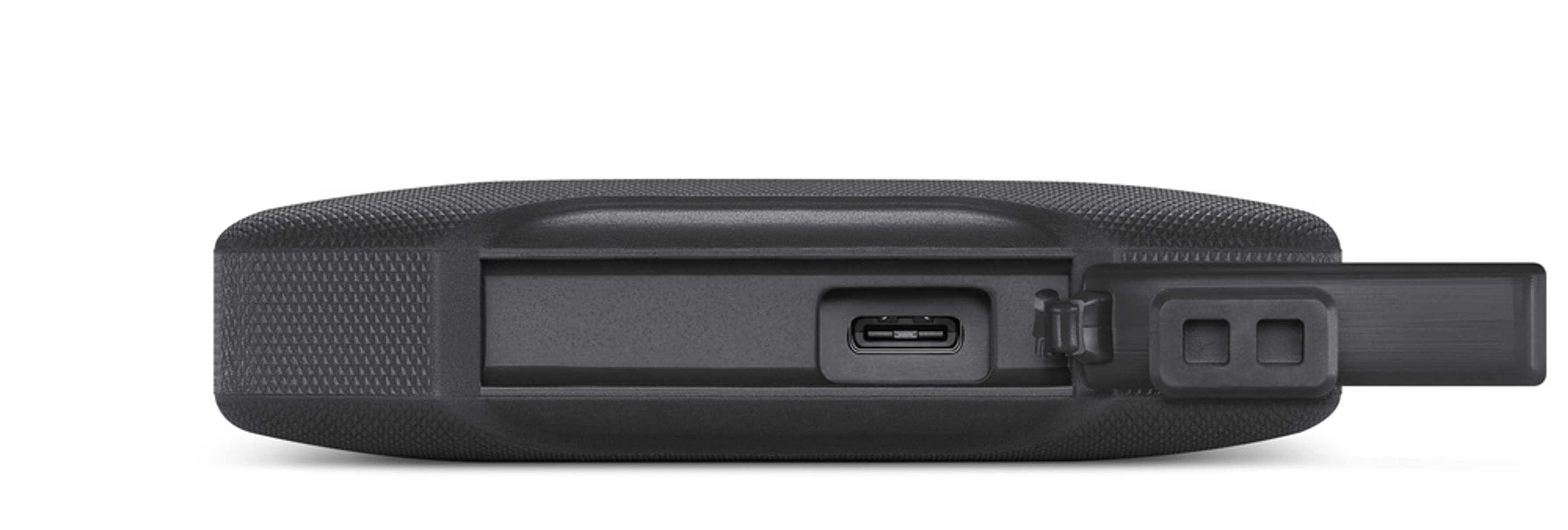 Disco rigido nero, testurizzato con porta USB-C e coperchio.