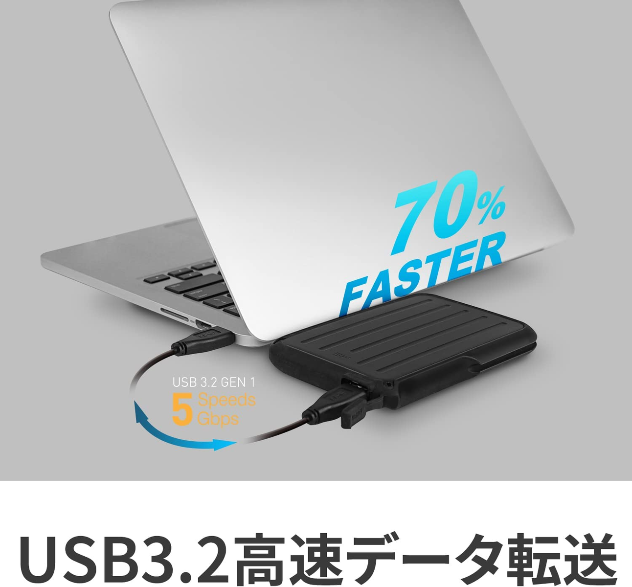 Ordenador portátil conectado a disco duro externo negro por cable USB. Texto: '70% MÁS RÁPIDO'.