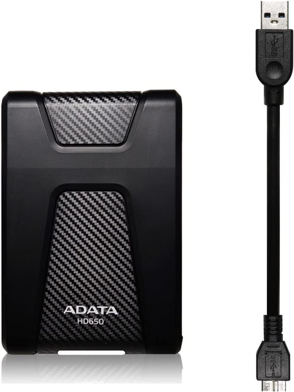 Czarny zewnętrzny dysk twardy ADATA HD650 obok kabla USB, na białym tle.