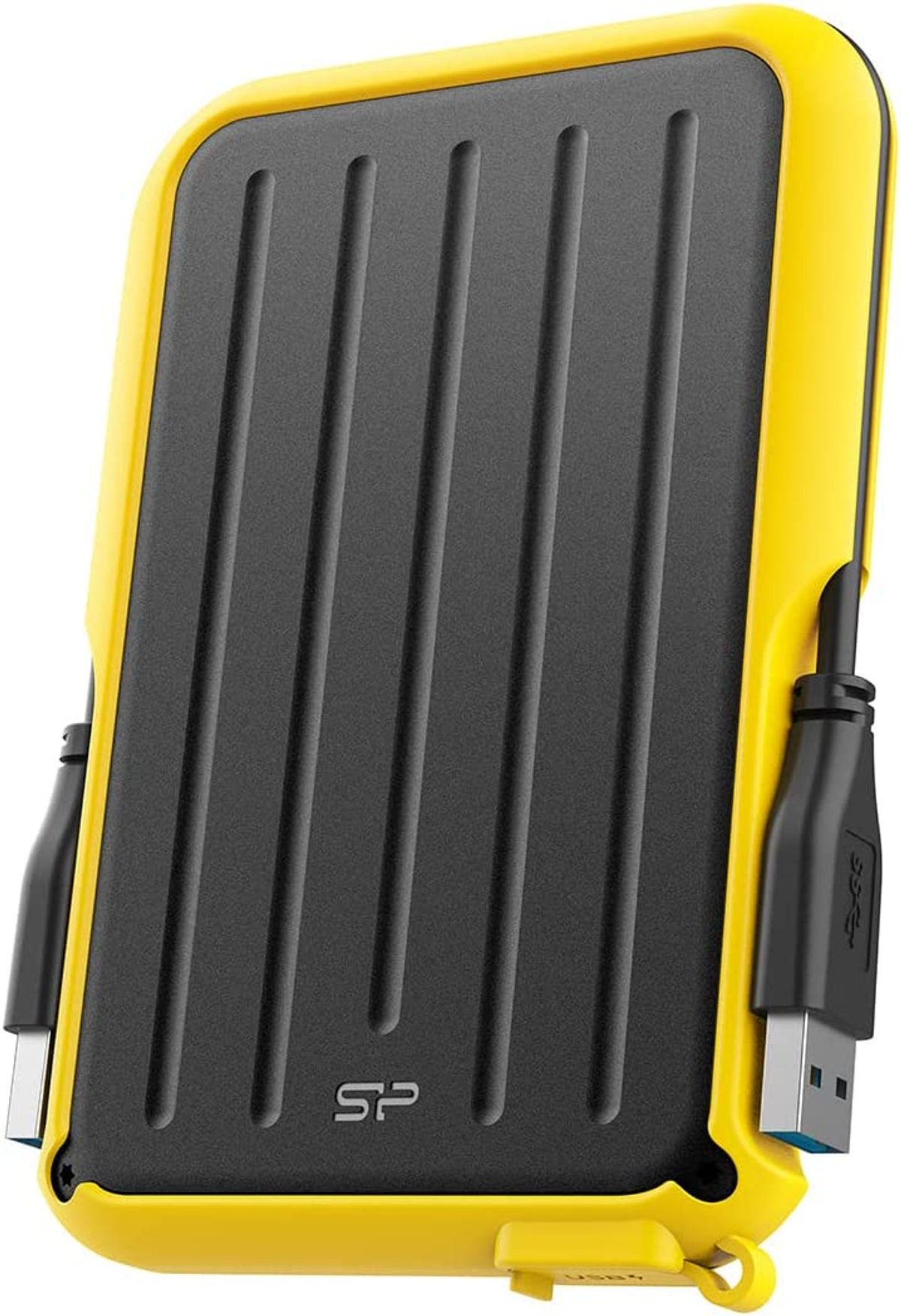 Disco duro externo amarillo y negro con cables. Marca SP.