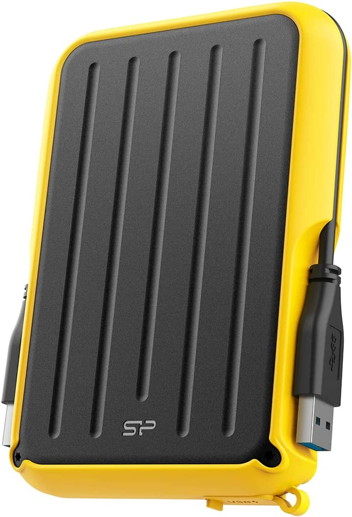 Disco rigido esterno giallo e nero con un design robusto. Ha un cavo USB collegato.