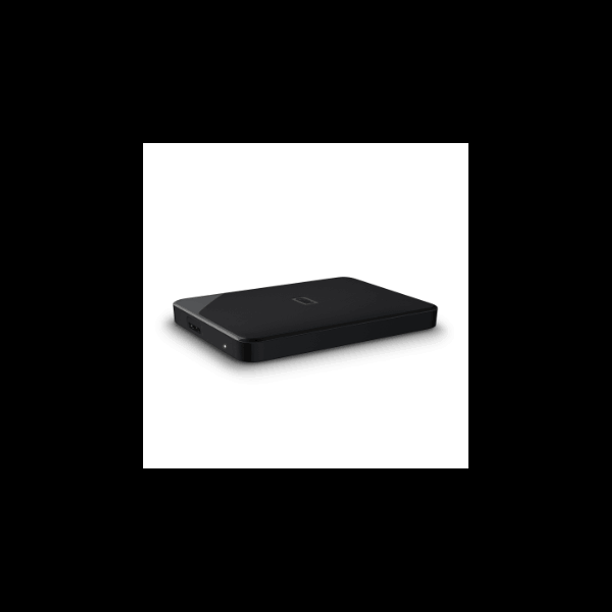 Czarny zewnętrzny dysk twardy. Jest mały i prostokątny, na białej powierzchni.