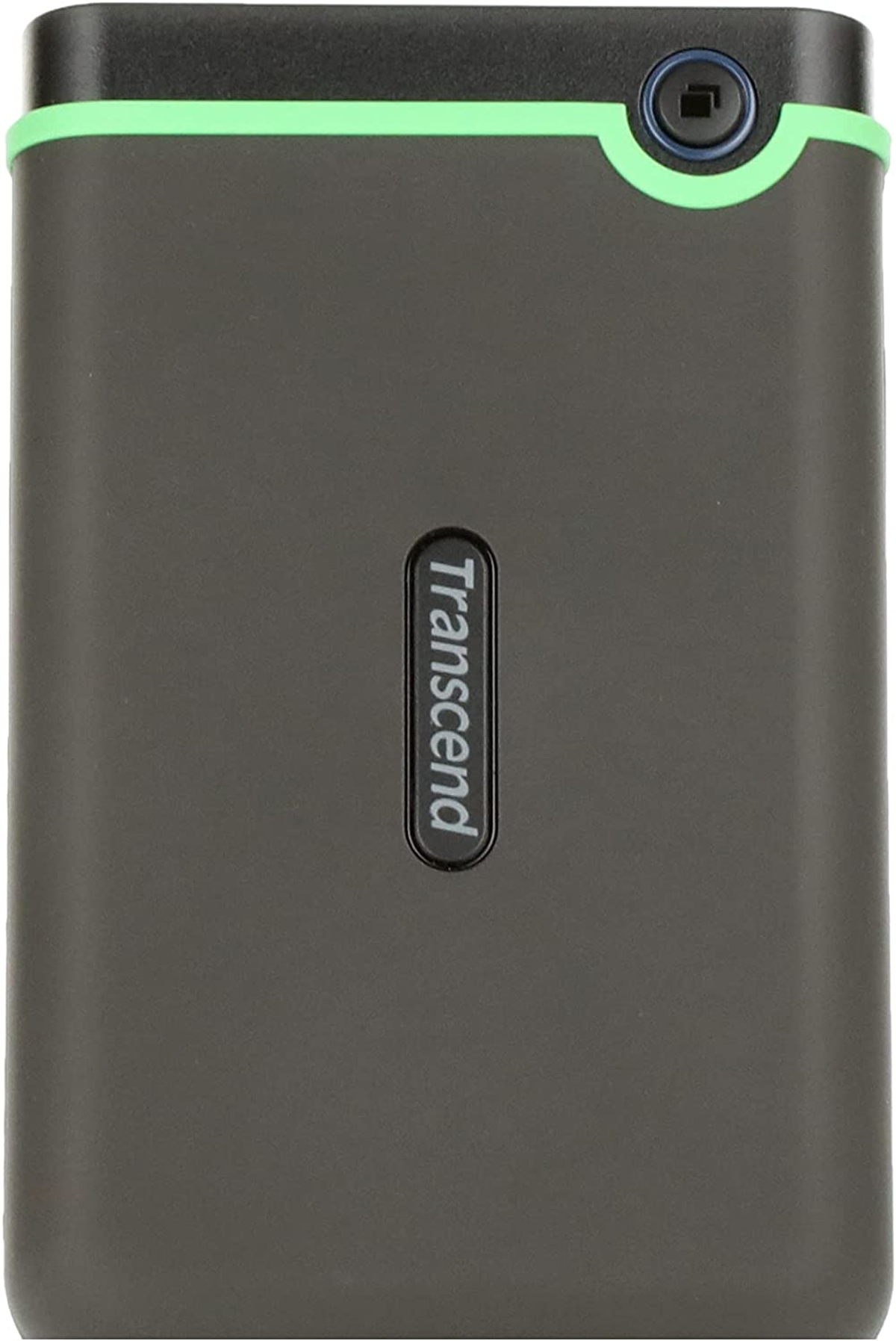 Czarny zewnętrzny dysk twardy Transcend z zieloną obwódką.