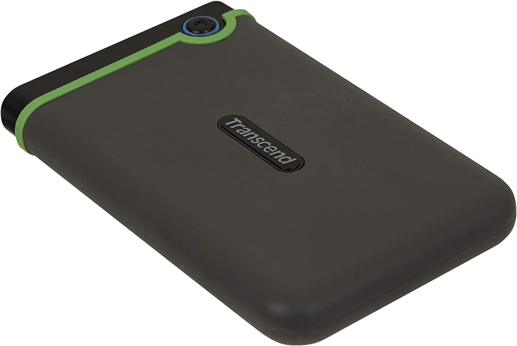 Ciemnoszary zewnętrzny dysk twardy z zielonym obramowaniem i logo Transcend.