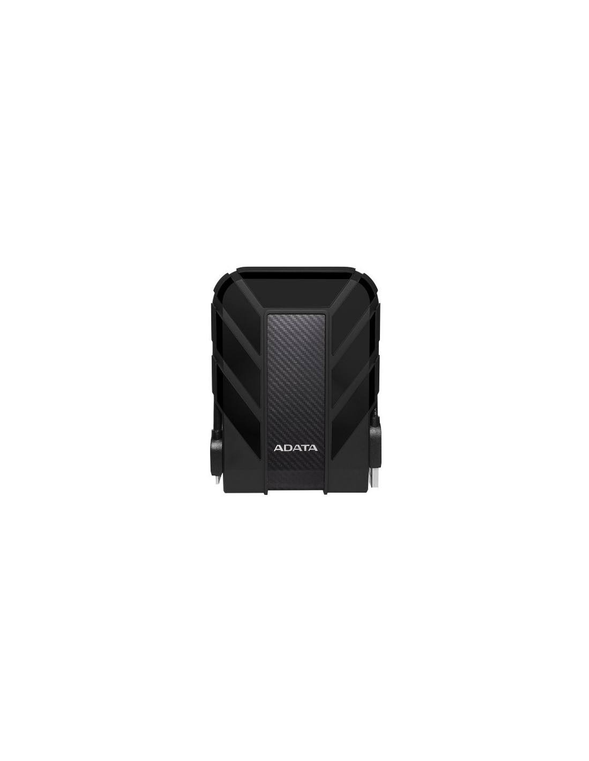 Czarny zewnętrzny dysk twardy ADATA, widok z przodu, z teksturowaną, kątową konstrukcją.