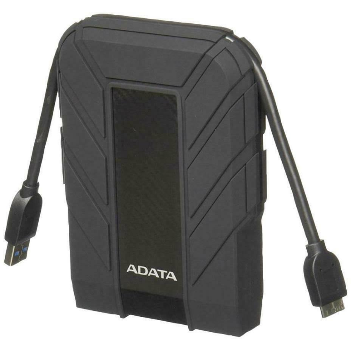 Czarny zewnętrzny dysk twardy ADATA z kablem USB, czarne tło.