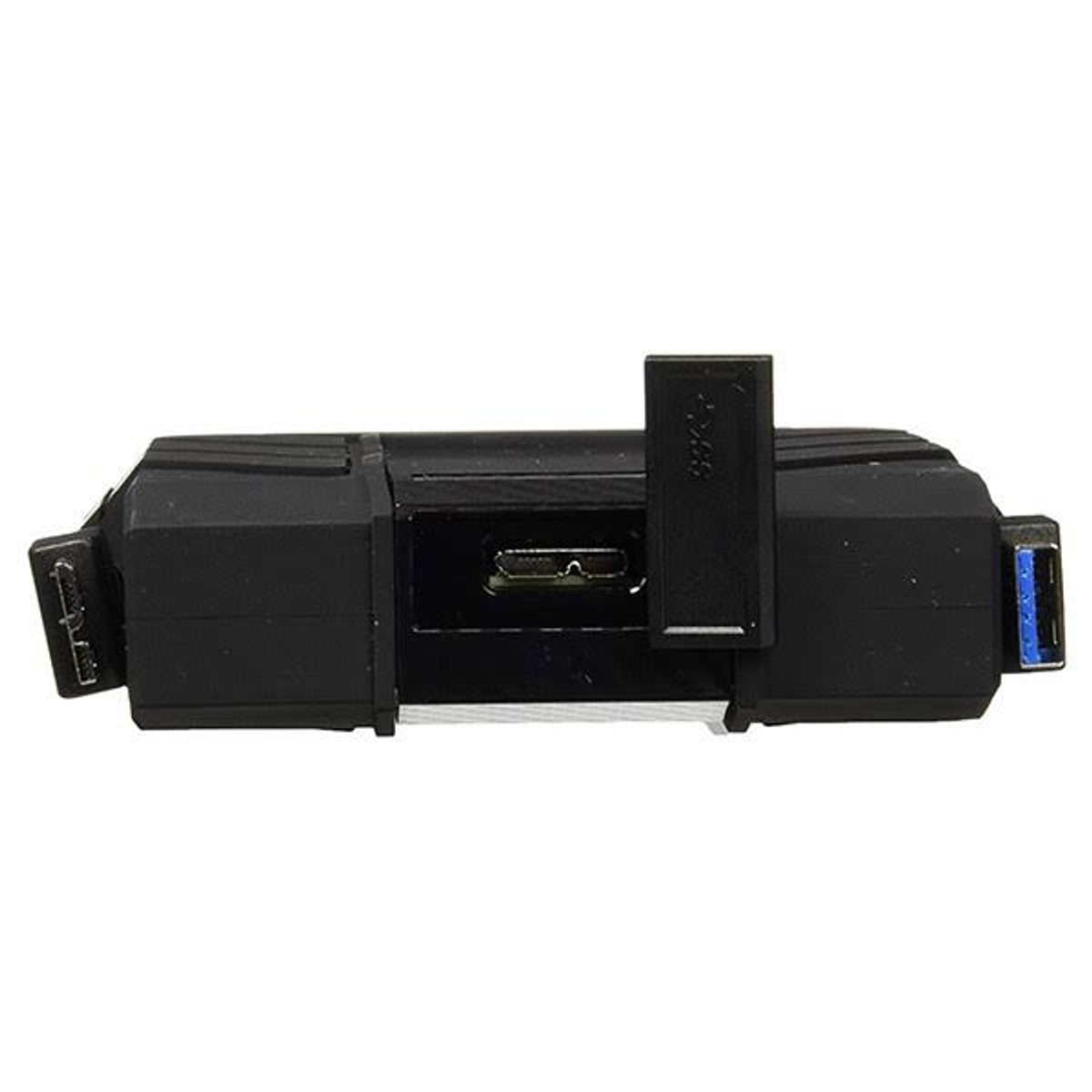 Czarny, wytrzymały dysk zewnętrzny z portem USB i innymi portami.