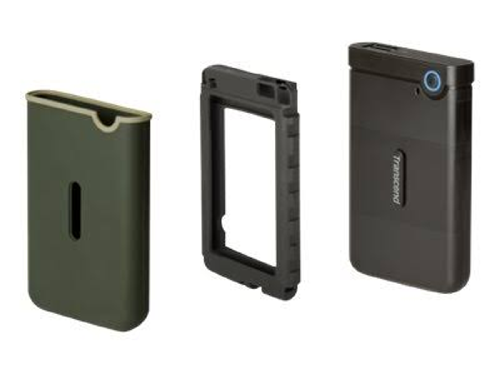 Trzy części zewnętrznego dysku twardego, białe tło, czarny kolor.