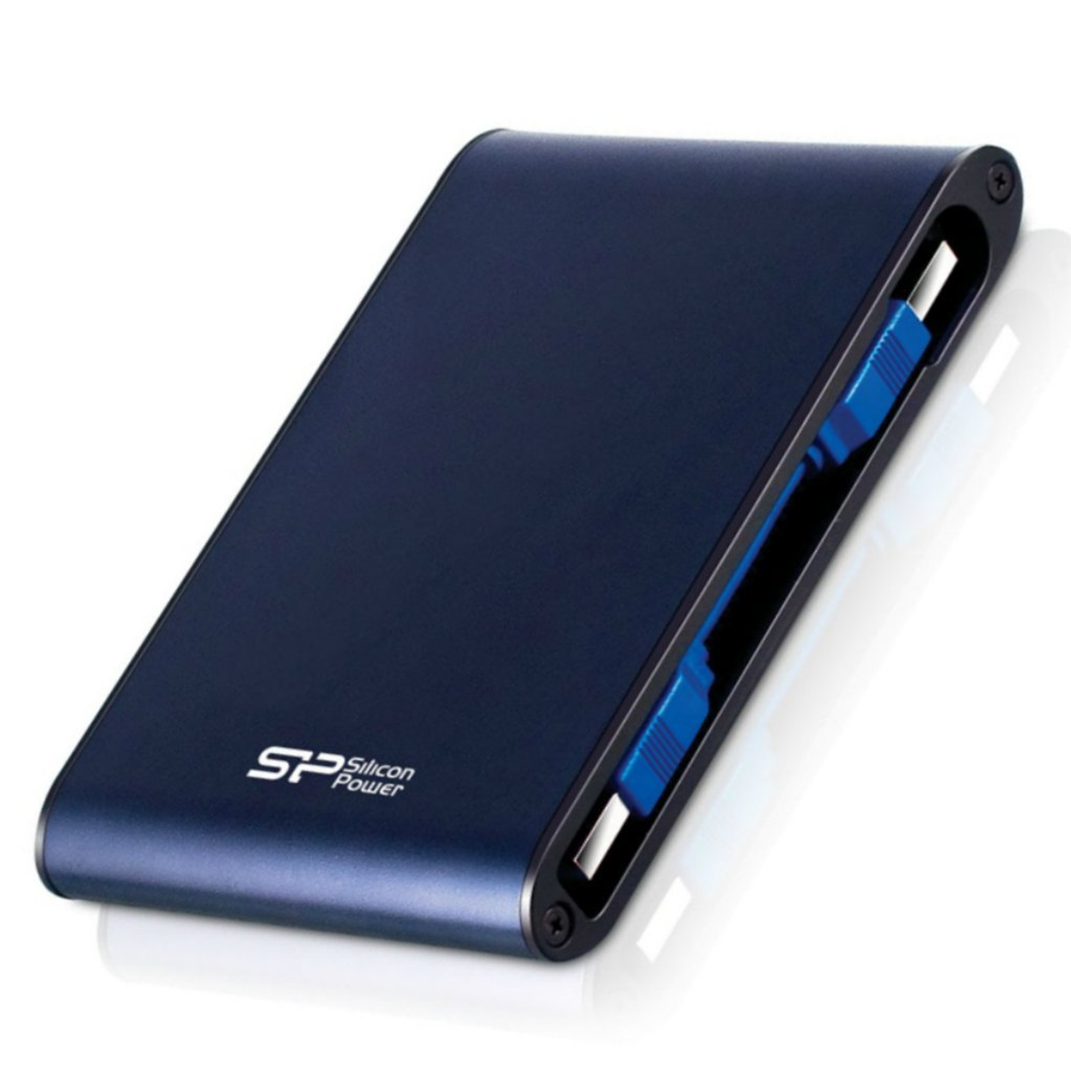 Disco duro externo azul oscuro con diseño curvo y logotipo Silicon Power.