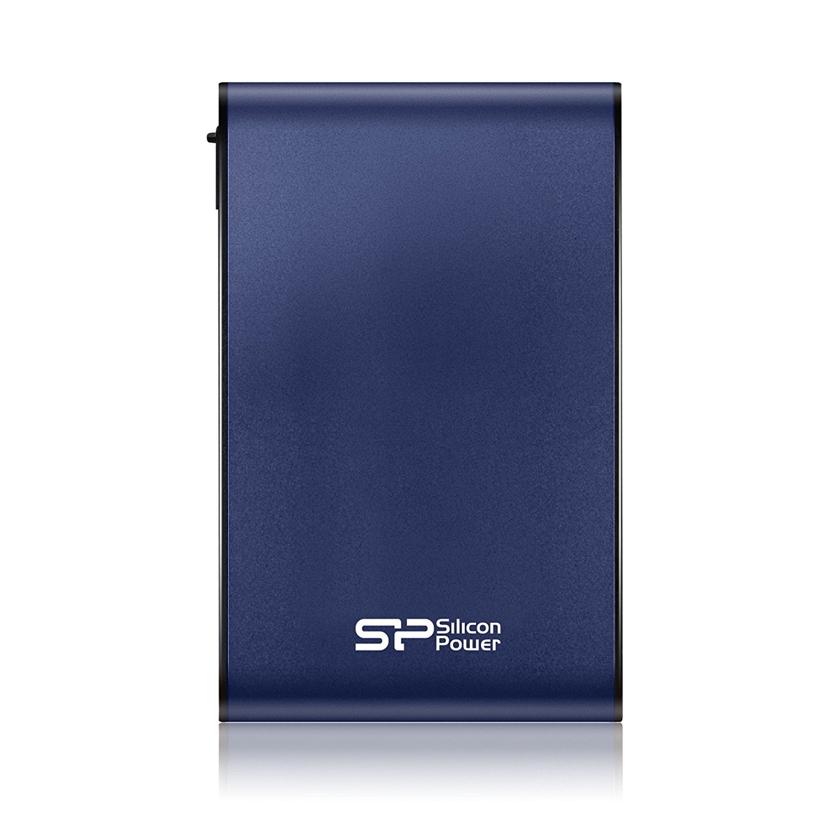 Disco duro externo azul con el logotipo de Silicon Power. Borde negro, diseño sencillo, fondo blanco.
